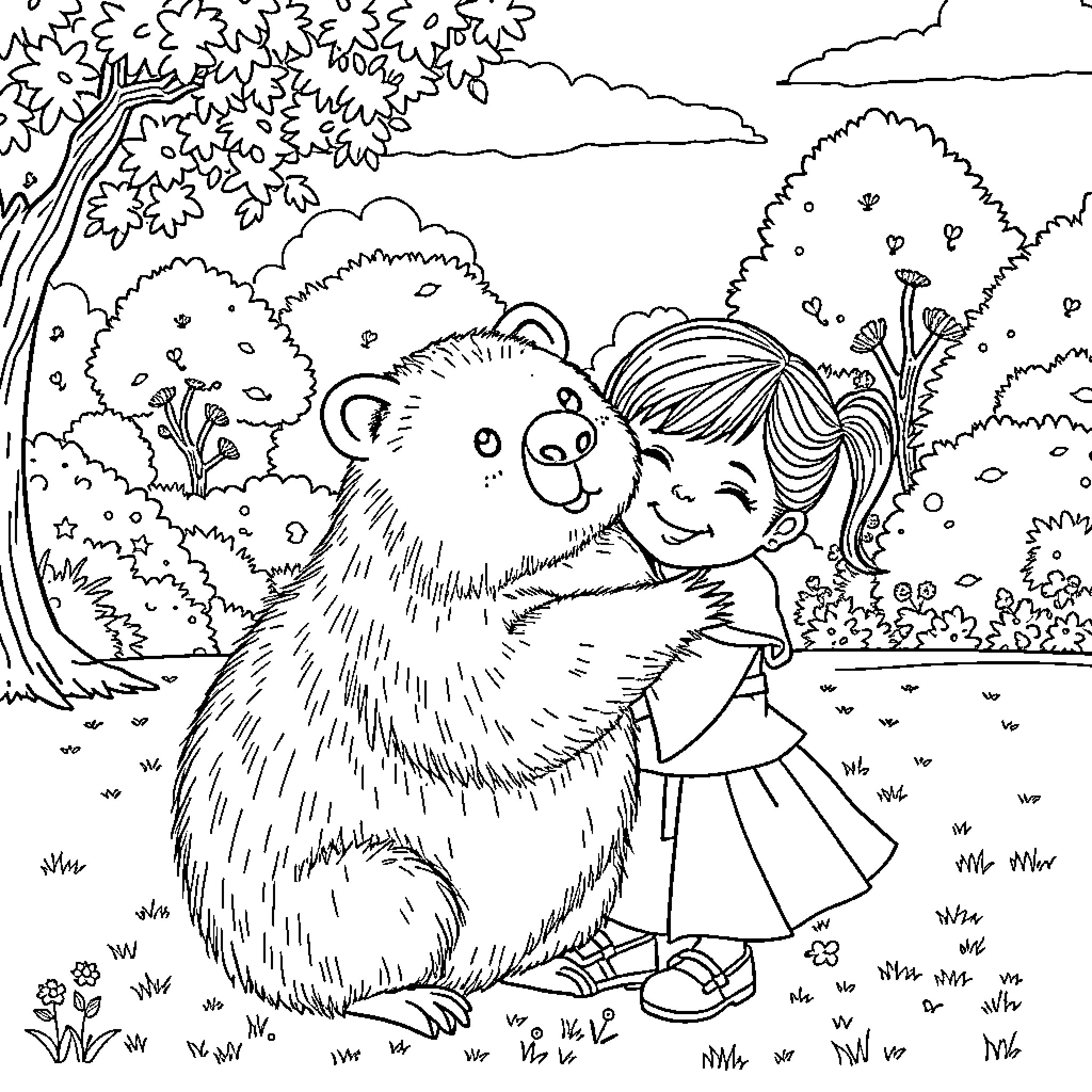 Girl hugging a giant teddy bear in nature Coloring Page (free black-and-white line drawing printable PDF for all, from beginners to advanced learners, including children, teens, adults, and seniors)