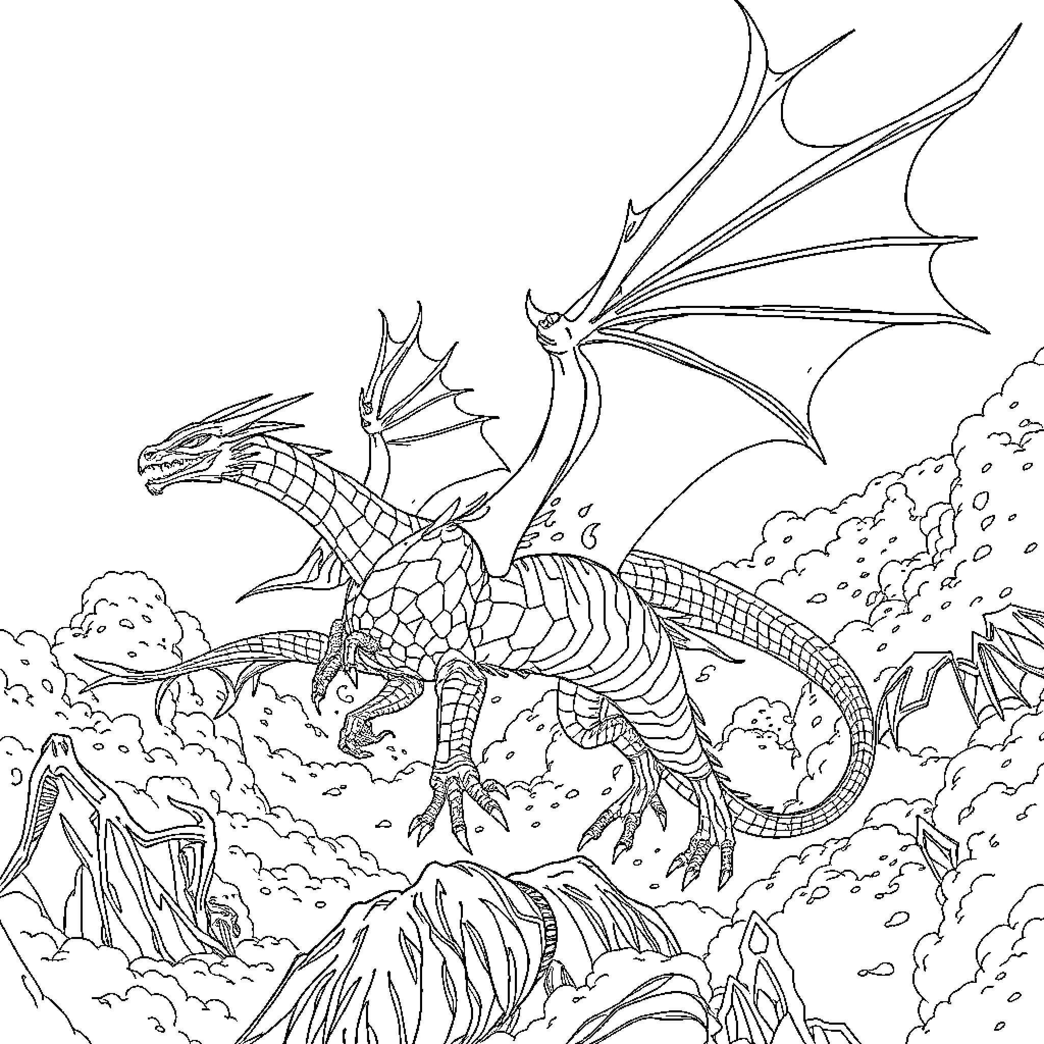 Dragon soaring over a rocky landscape Coloring Page (free black-and-white line drawing printable PDF for all, from beginners to advanced learners, including children, teens, adults, and seniors)