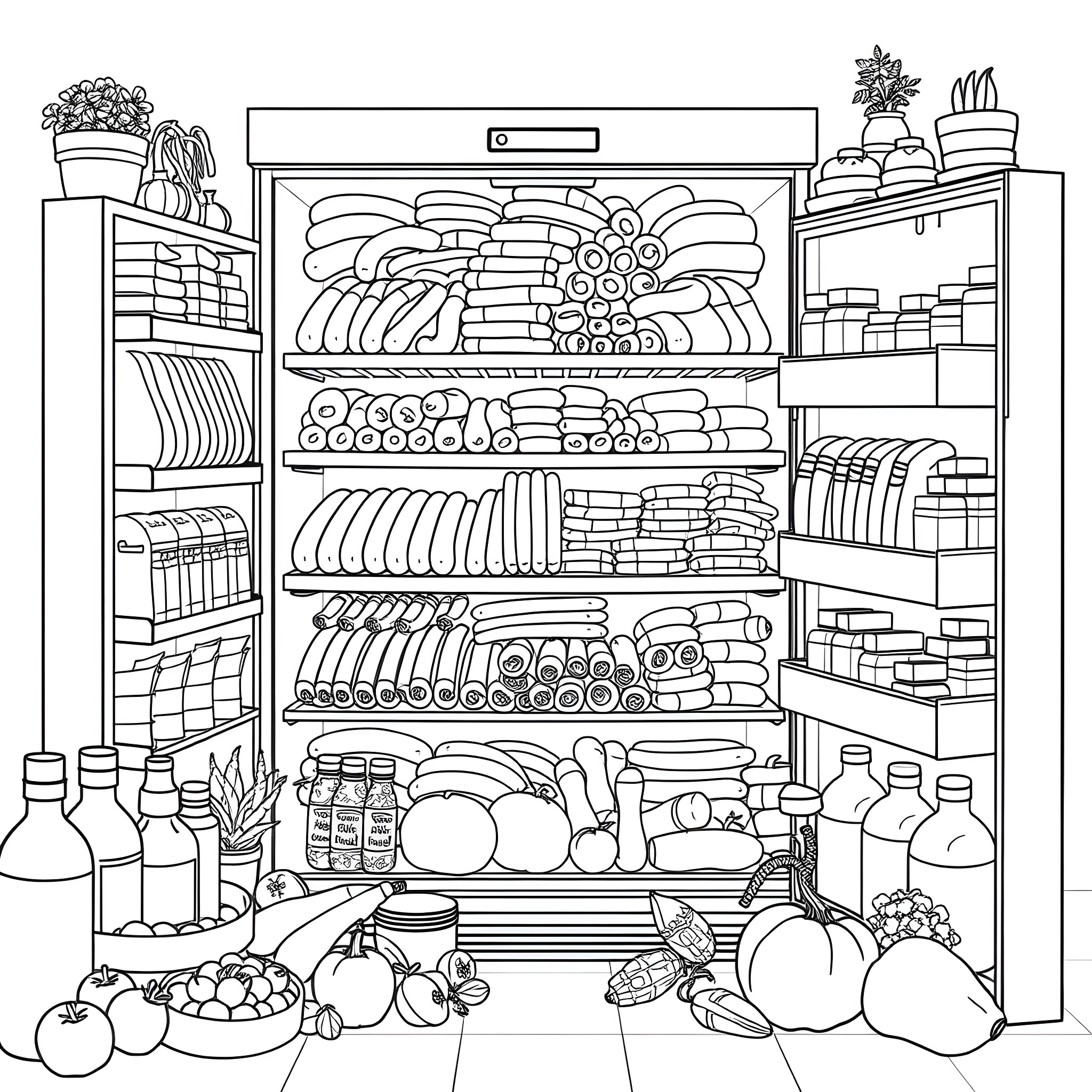 Refrigerator Filled with Diverse Food Items Coloring Page (free black-and-white line drawing printable PDF for all, from beginners to advanced learners, including children, teens, adults, and seniors)