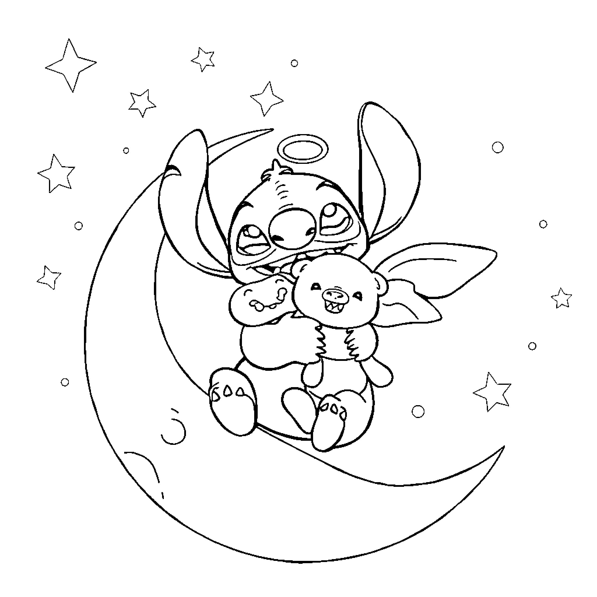 Stitch cuddling with plush on the moon Coloring Page (free black-and-white line drawing printable PDF for all, from beginners to advanced learners, including children, teens, adults, and seniors)