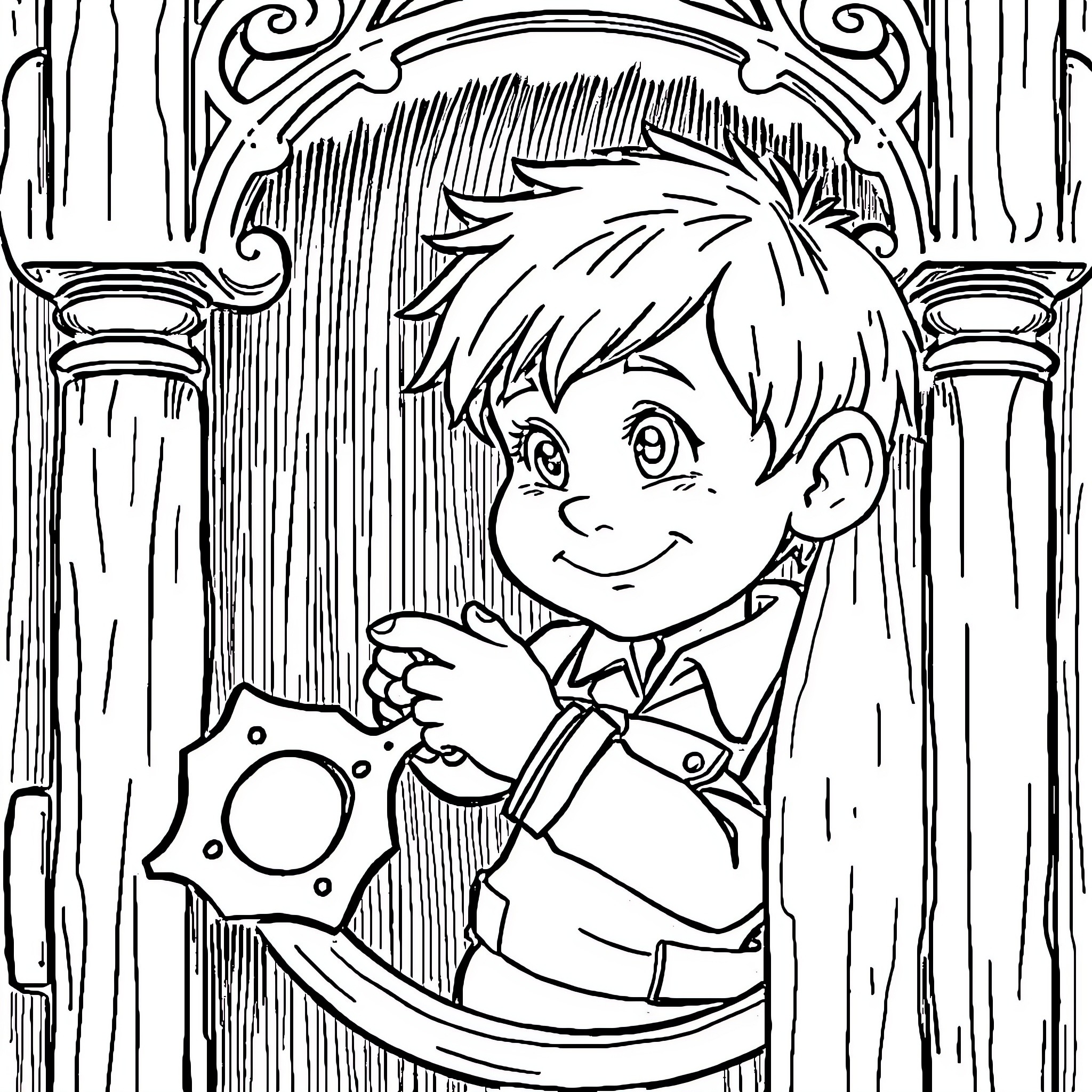 Boy Exploring Mysterious and Whimsical Realm Coloring Page (free black-and-white line drawing printable PDF for all, from beginners to advanced learners, including children, teens, adults, and seniors)