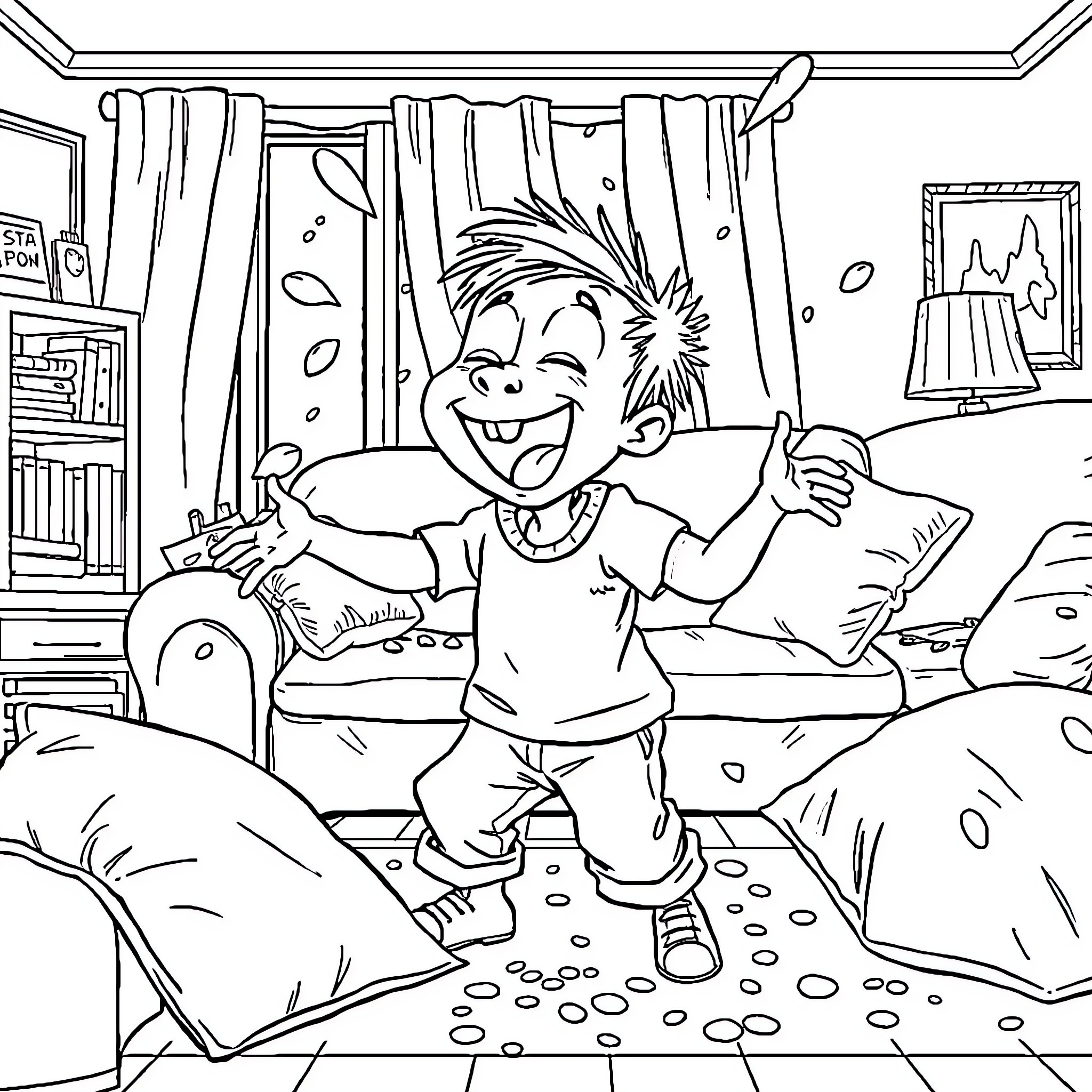 Kid's Joyful Playtime in Cozy Room Coloring Page (free black-and-white line drawing printable PDF for all, from beginners to advanced learners, including children, teens, adults, and seniors)