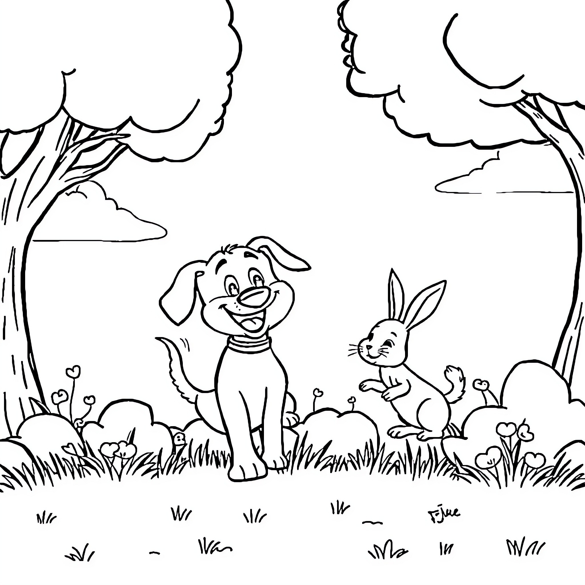 Dog and Rabbit Playing in Nature Coloring Page (free black-and-white line drawing printable PDF for all, from beginners to advanced learners, including children, teens, adults, and seniors)