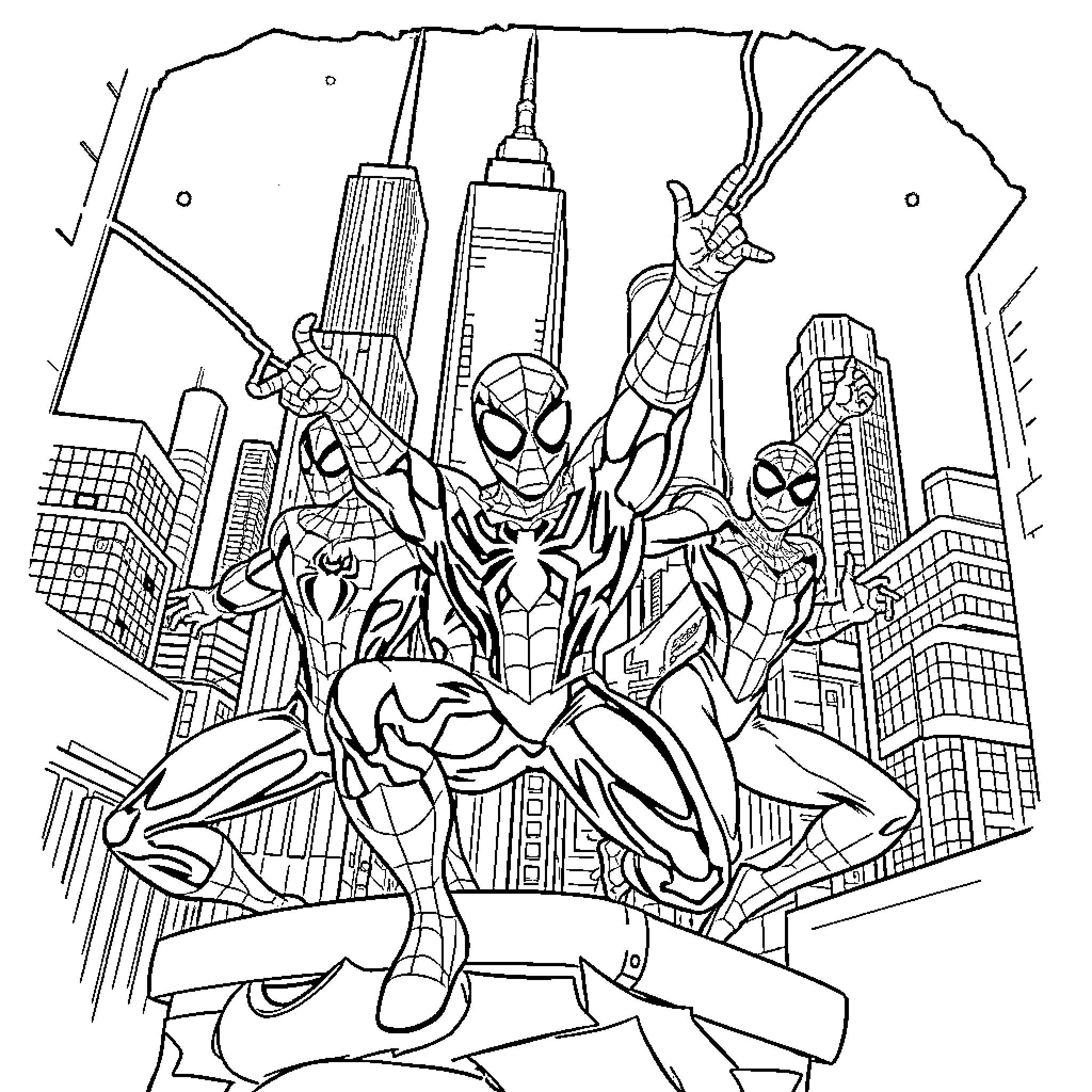 Spiderman action in the city skyline Coloring Page (free black-and-white line drawing printable PDF for all, from beginners to advanced learners, including children, teens, adults, and seniors)