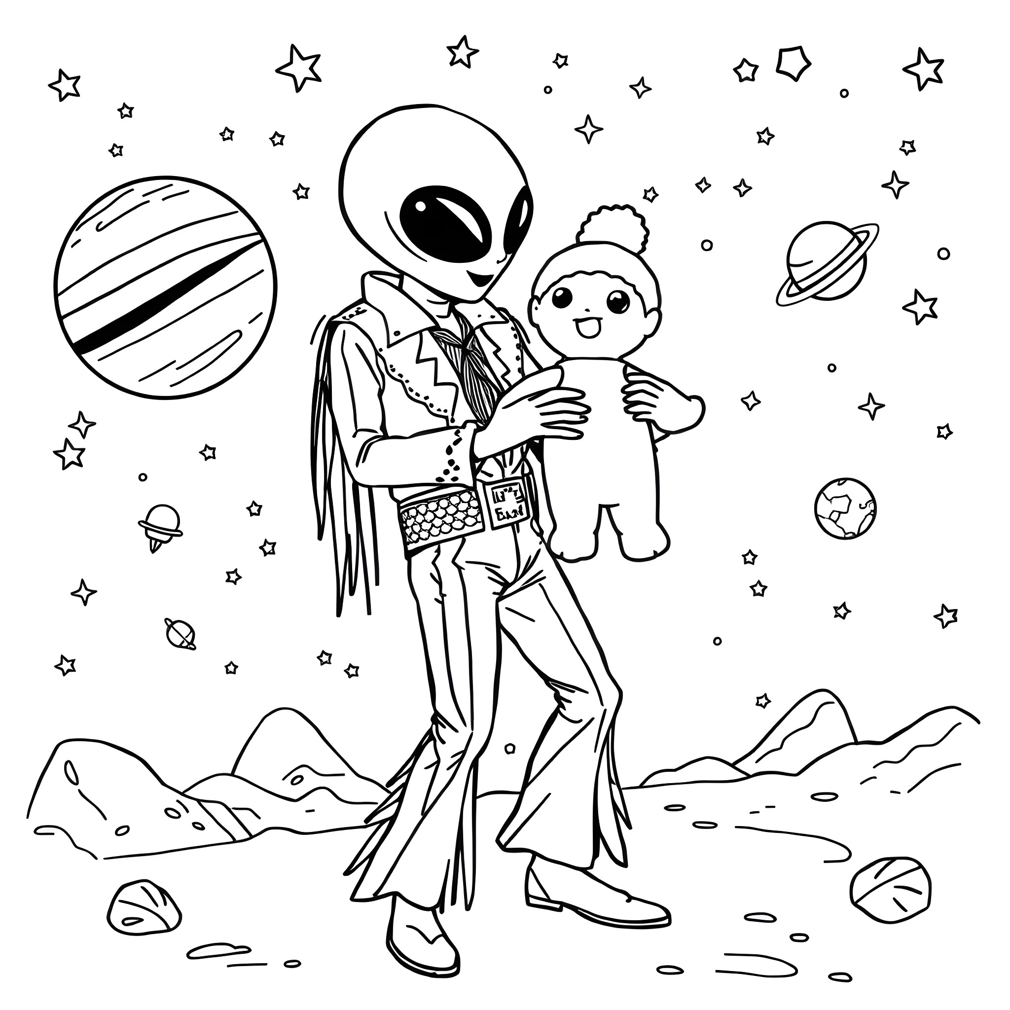 Alien astronauts exploring extraterrestrial landscape Coloring Page (free black-and-white line drawing printable PDF for all, from beginners to advanced learners, including children, teens, adults, and seniors)