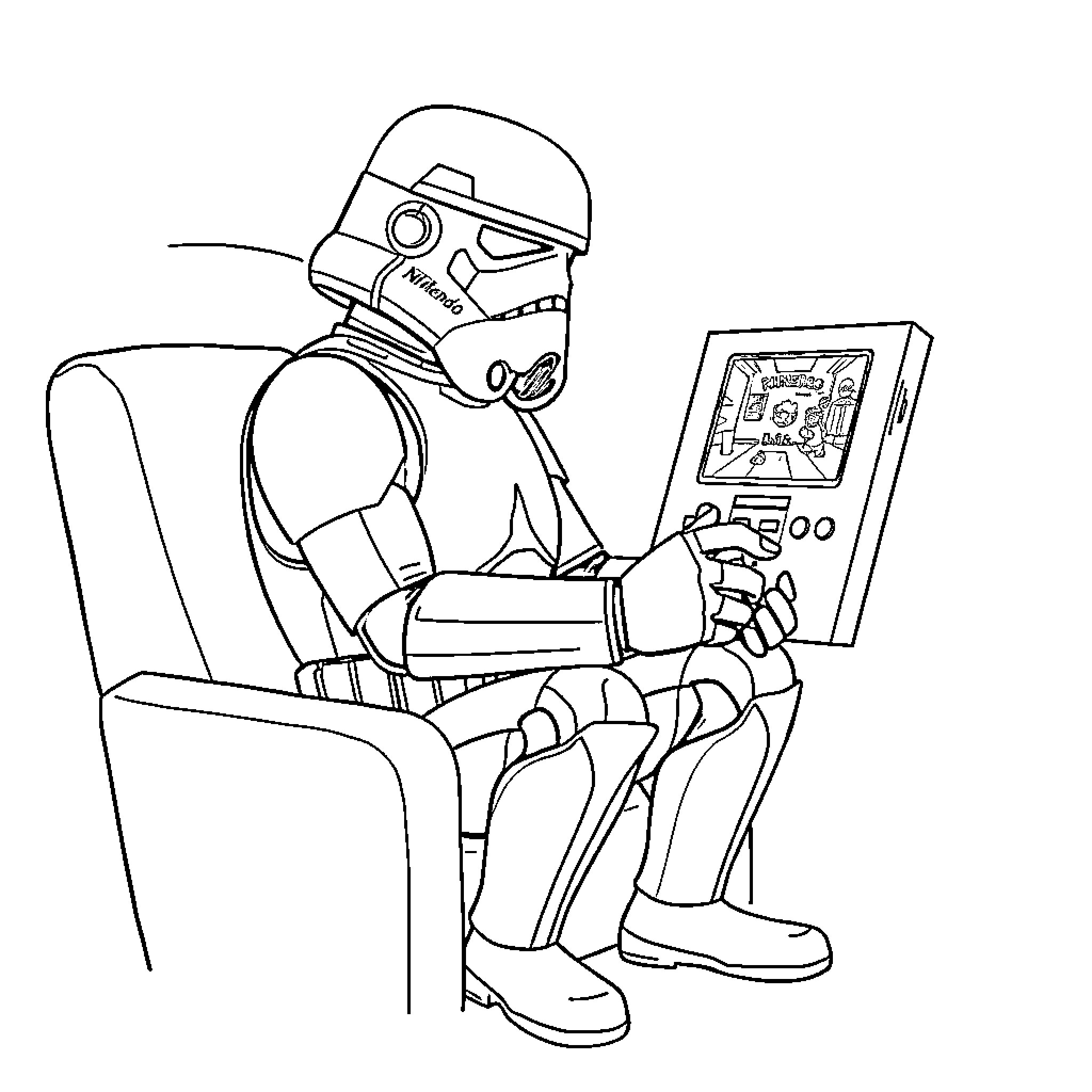 Stormtrooper playing a video game console Coloring Page (free black-and-white line drawing printable PDF for all, from beginners to advanced learners, including children, teens, adults, and seniors)