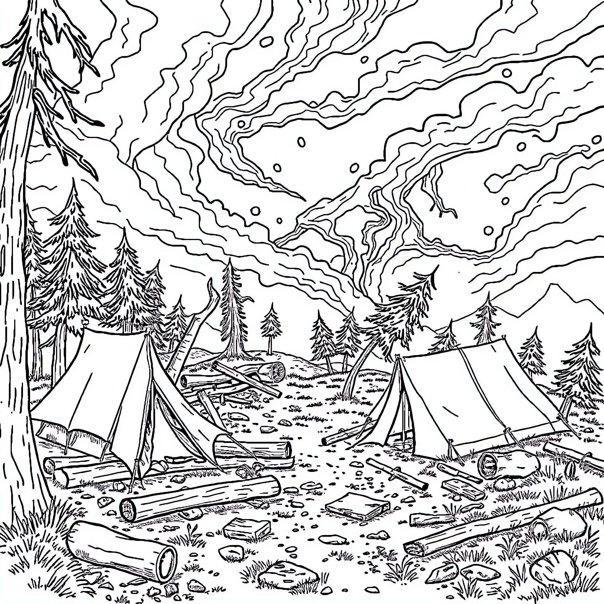 Camp in the Serene Forest Landscape Coloring Page (free black-and-white line drawing printable PDF for all, from beginners to advanced learners, including children, teens, adults, and seniors)