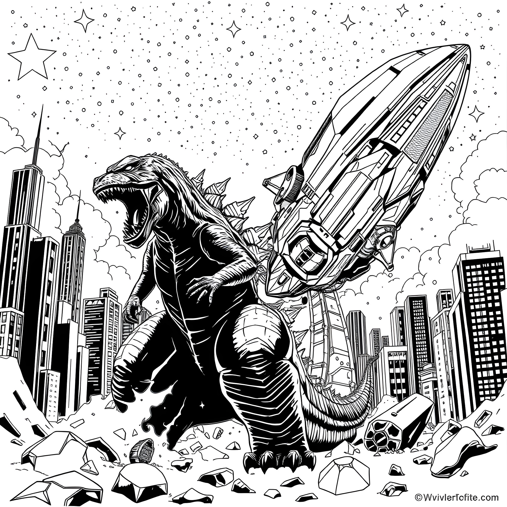Godzilla unleashing chaos over the city Coloring Page (free black-and-white line drawing printable PDF for all, from beginners to advanced learners, including children, teens, adults, and seniors)