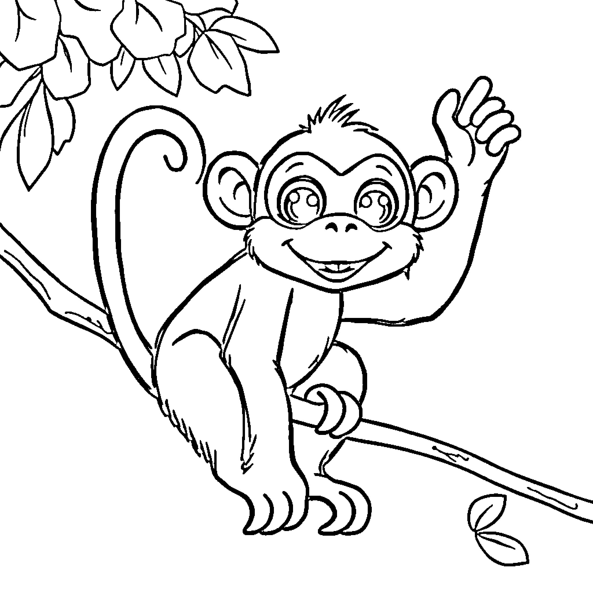 Monkey playing happily in the trees Coloring Page (free black-and-white line drawing printable PDF for all, from beginners to advanced learners, including children, teens, adults, and seniors)