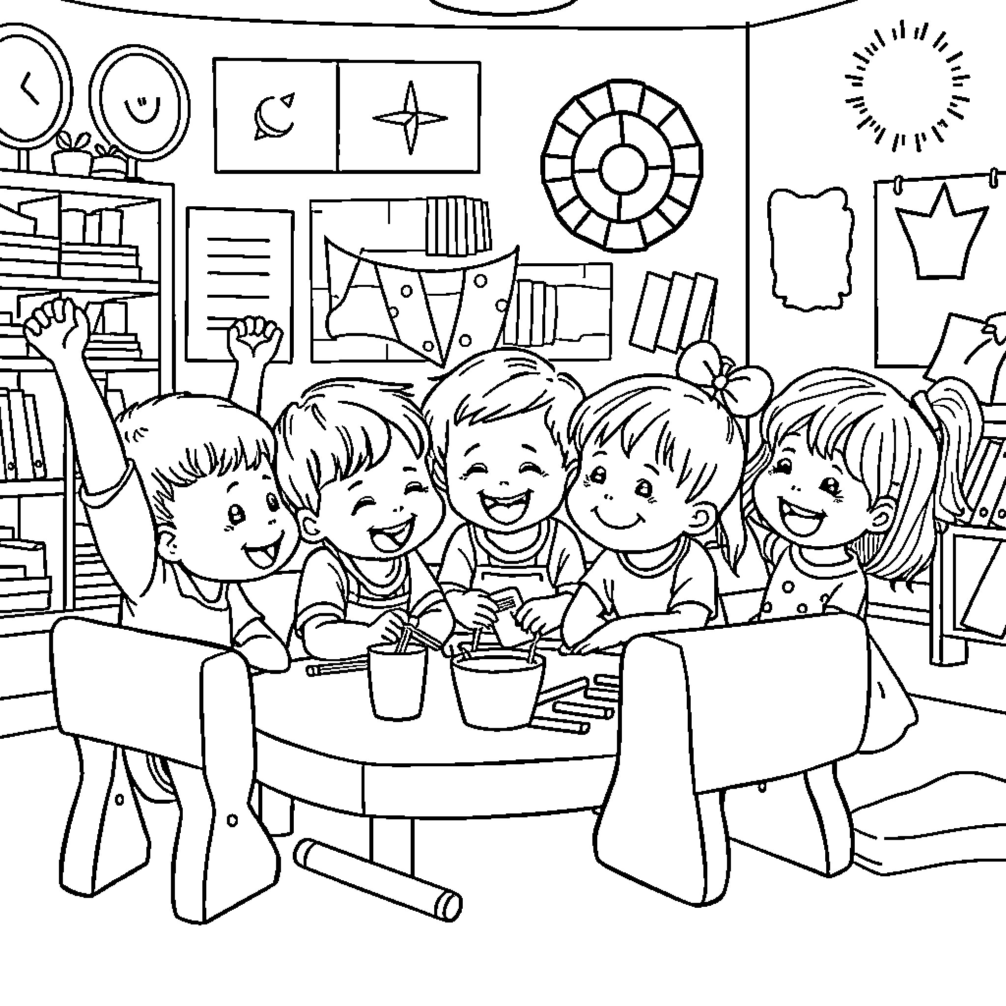 Preschoolers enjoying arts and crafts in the classroom Coloring Page (free black-and-white line drawing printable PDF for all, from beginners to advanced learners, including children, teens, adults, and seniors)