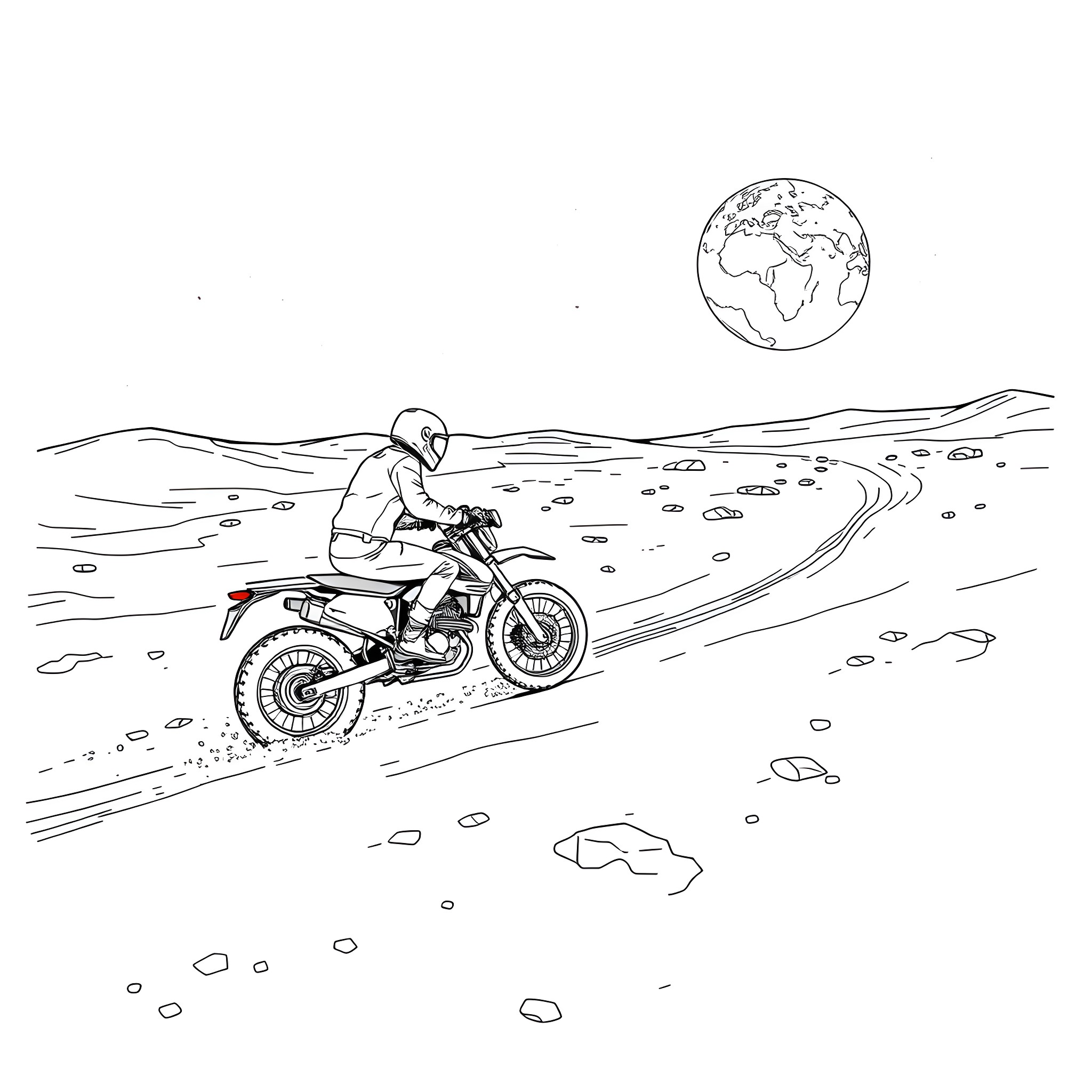 Motorcyclist riding through the desert landscape Coloring Page (free black-and-white line drawing printable PDF for all, from beginners to advanced learners, including children, teens, adults, and seniors)