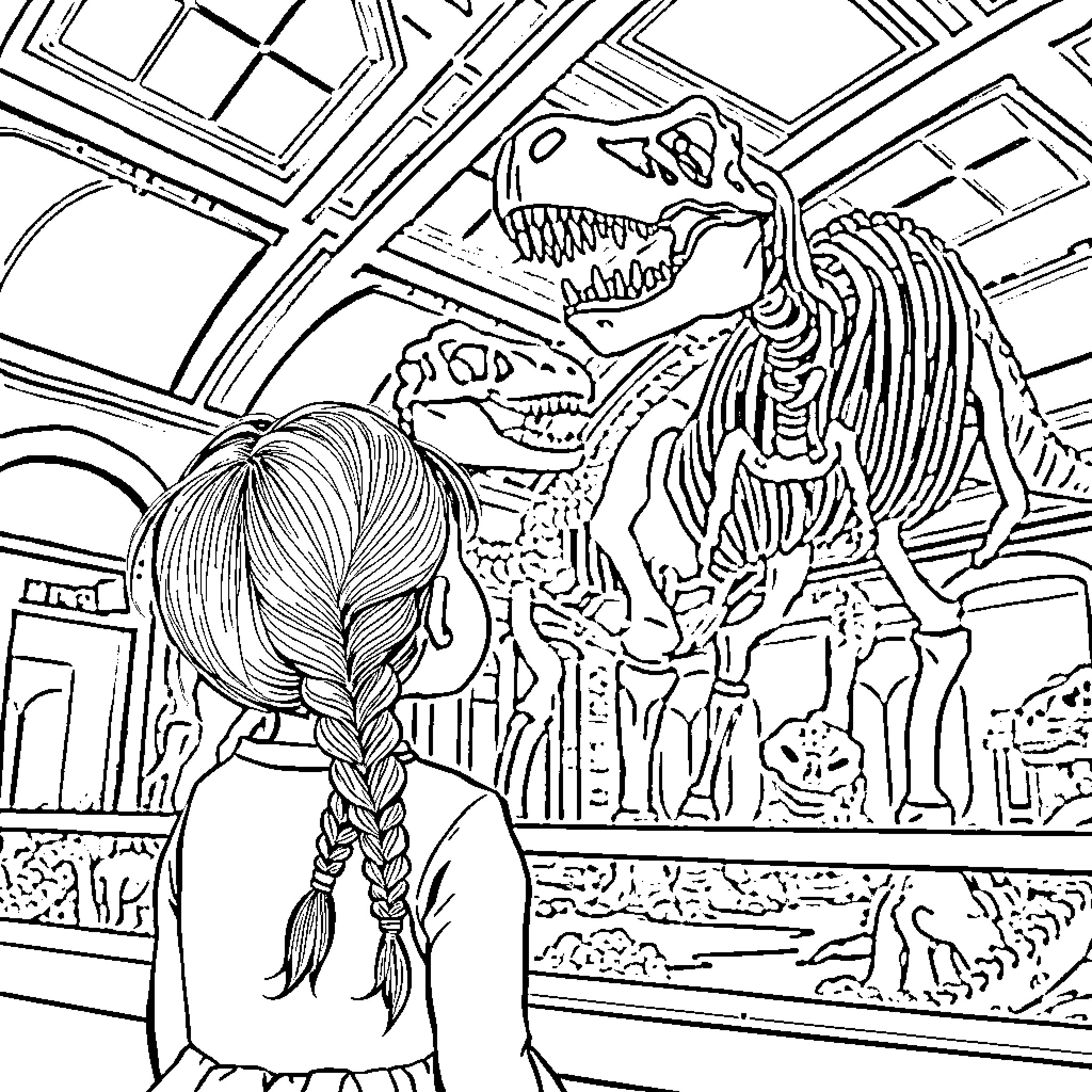 Girl Explores Prehistoric Dinosaur Exhibit Coloring Page (free black-and-white line drawing printable PDF for all, from beginners to advanced learners, including children, teens, adults, and seniors)