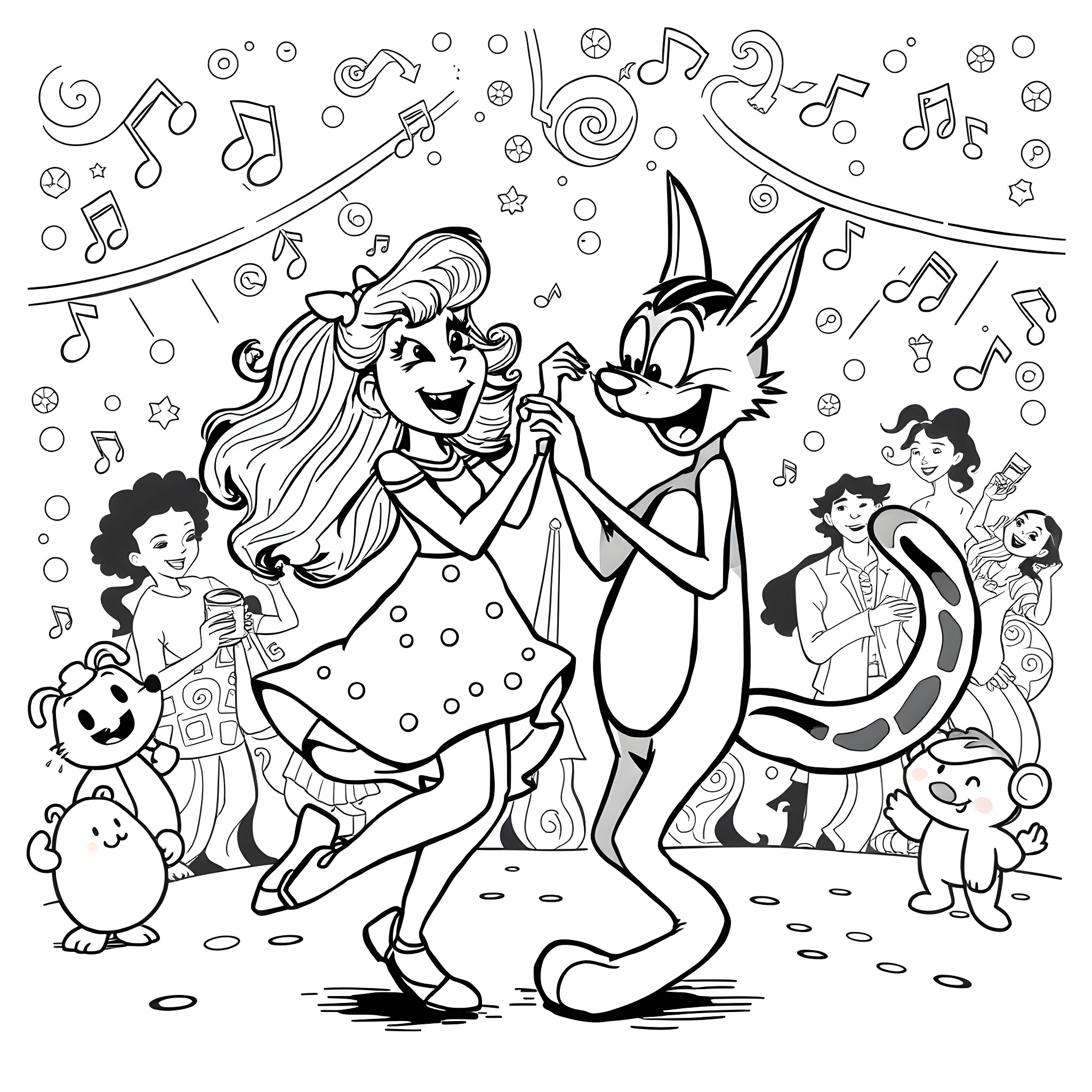 Molly McGee's Musical Celebration with Friendly Creatures Coloring Page (free black-and-white line drawing printable PDF for all, from beginners to advanced learners, including children, teens, adults, and seniors)