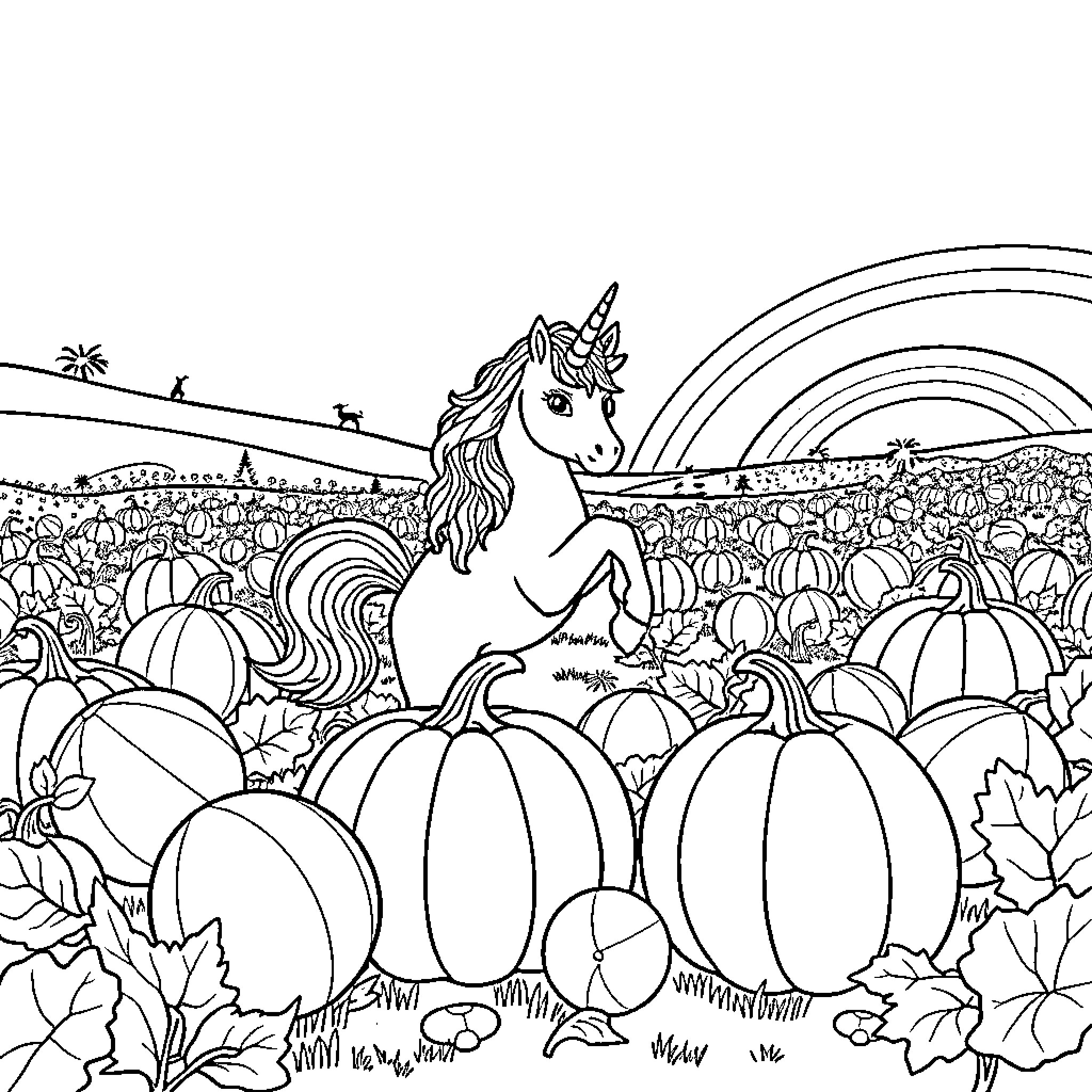 Unicorn in a pumpkin patch with a rainbow Coloring Page (free black-and-white line drawing printable PDF for all, from beginners to advanced learners, including children, teens, adults, and seniors)