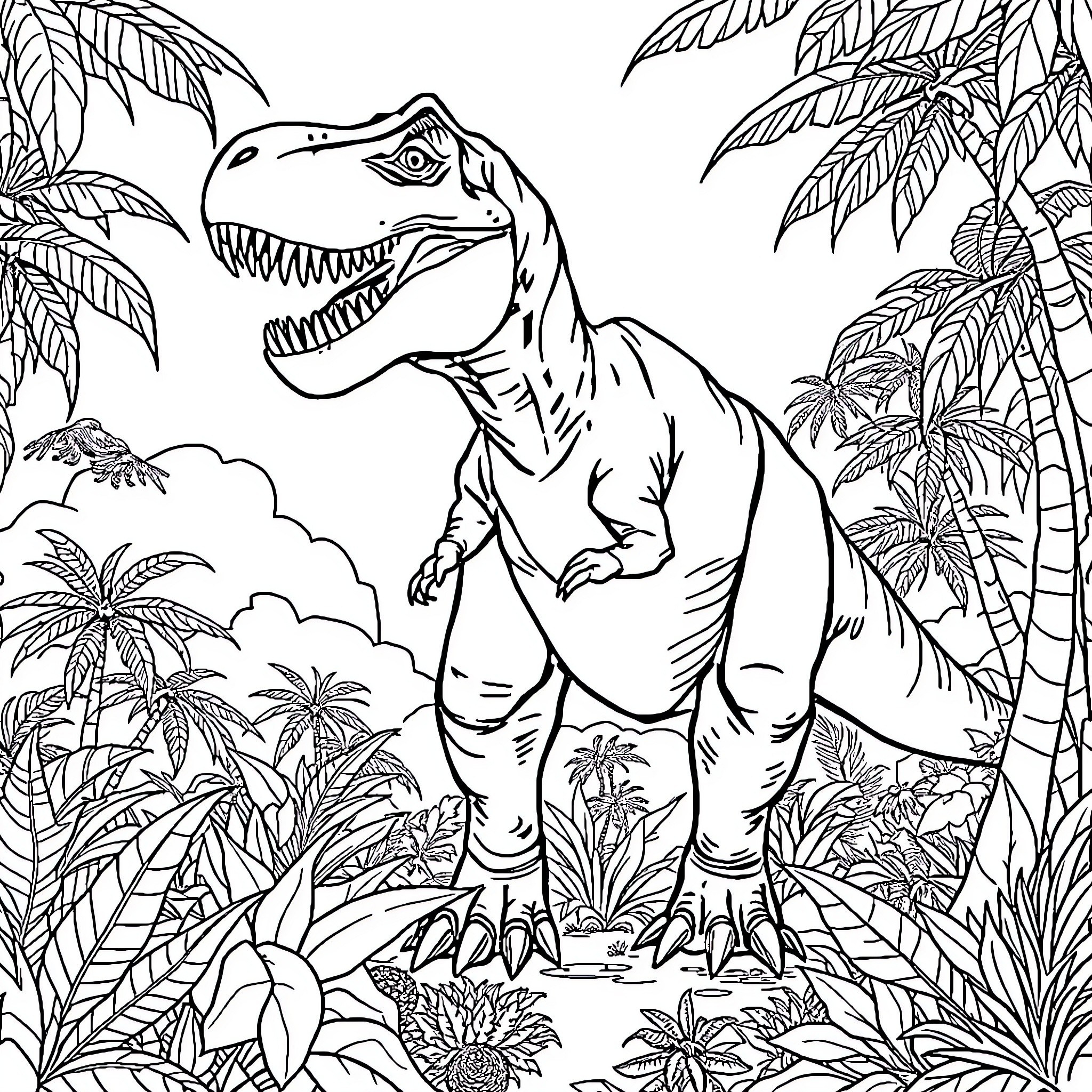 D-rex Roaming Through Lush Prehistoric Landscape Coloring Page (free black-and-white line drawing printable PDF for all, from beginners to advanced learners, including children, teens, adults, and seniors)