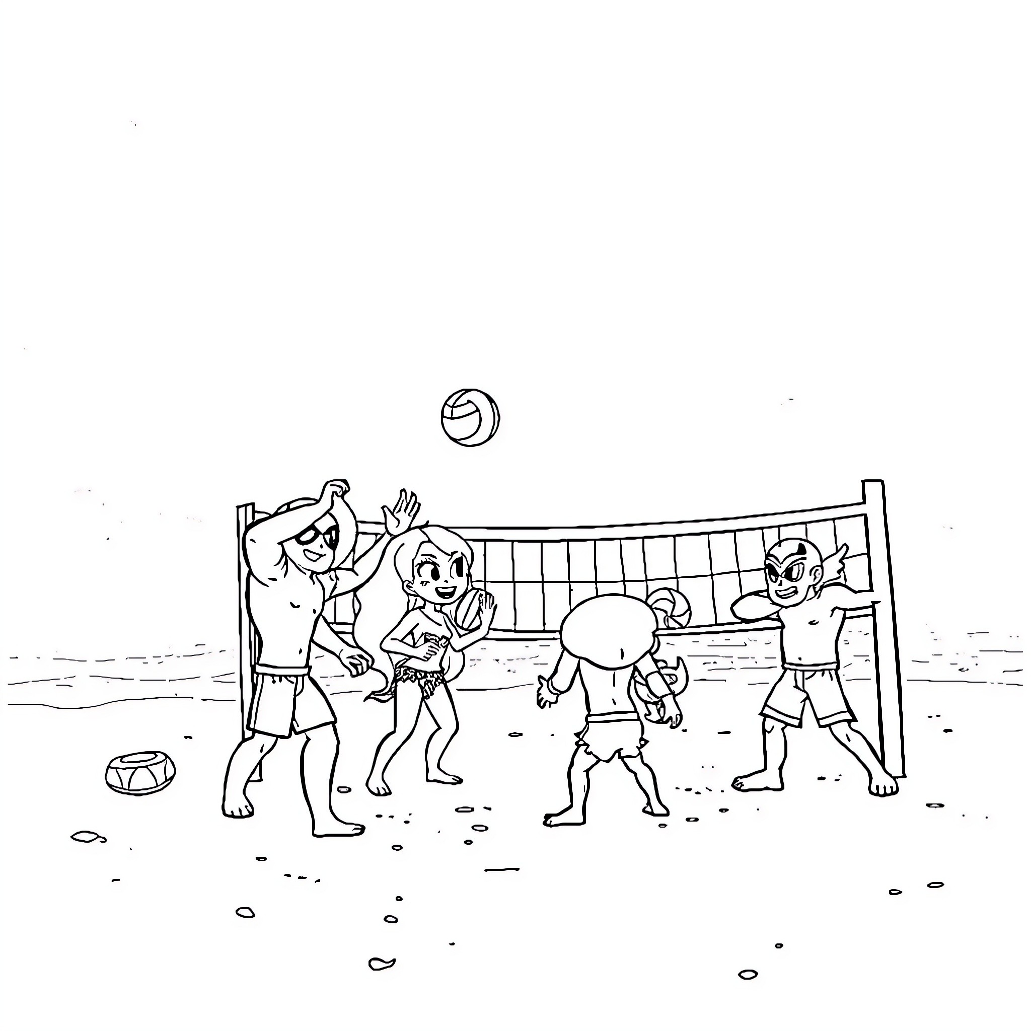 Brawlstar characters playing volleyball on the beach Coloring Page (free black-and-white line drawing printable PDF for all, from beginners to advanced learners, including children, teens, adults, and seniors)