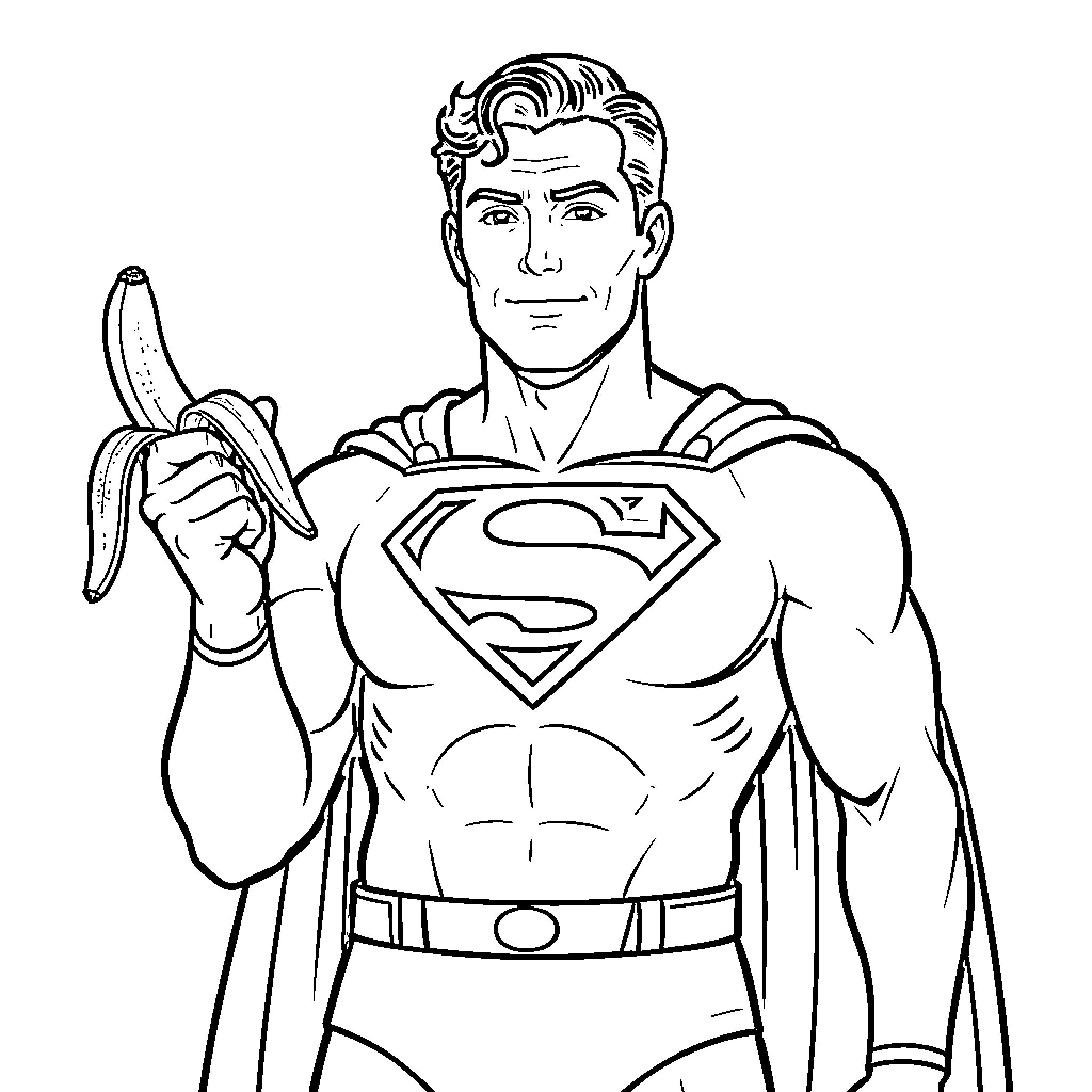 Superman holding a banana and smiling confidently Coloring Page (free black-and-white line drawing printable PDF for all, from beginners to advanced learners, including children, teens, adults, and seniors)