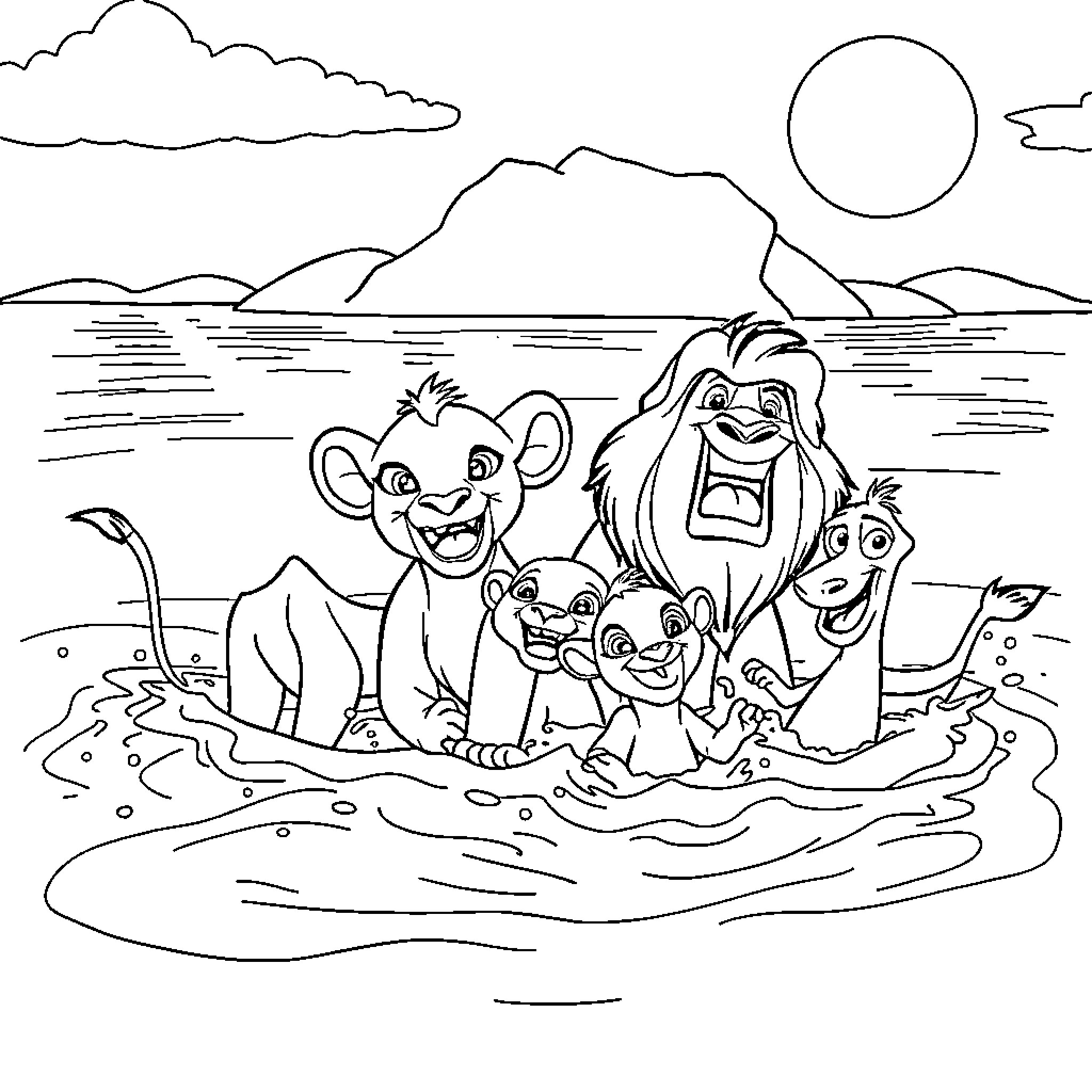 Lion family playing happily in the water Coloring Page (free black-and-white line drawing printable PDF for all, from beginners to advanced learners, including children, teens, adults, and seniors)