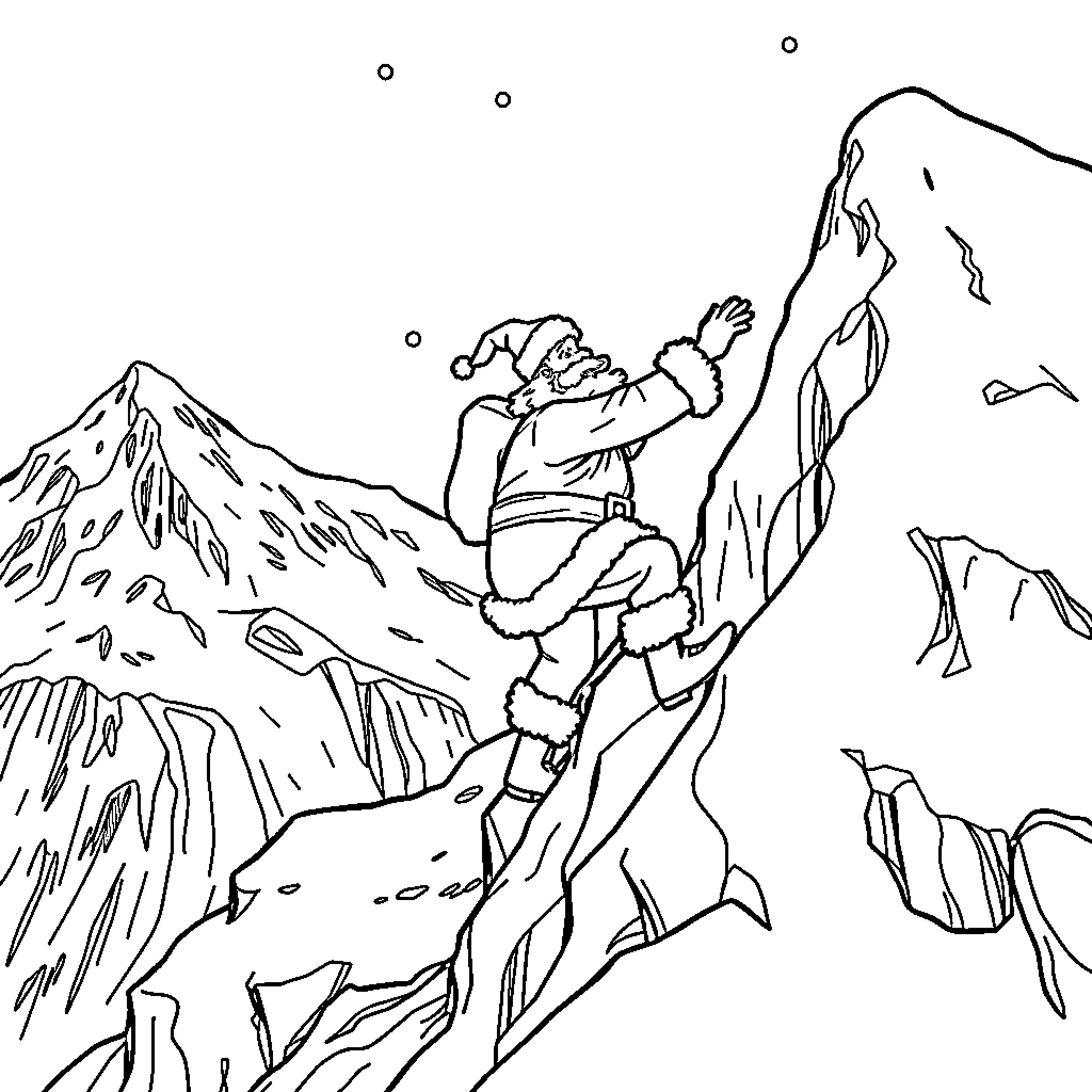 Santa scaling a snowy mountain peak Coloring Page (free black-and-white line drawing printable PDF for all, from beginners to advanced learners, including children, teens, adults, and seniors)
