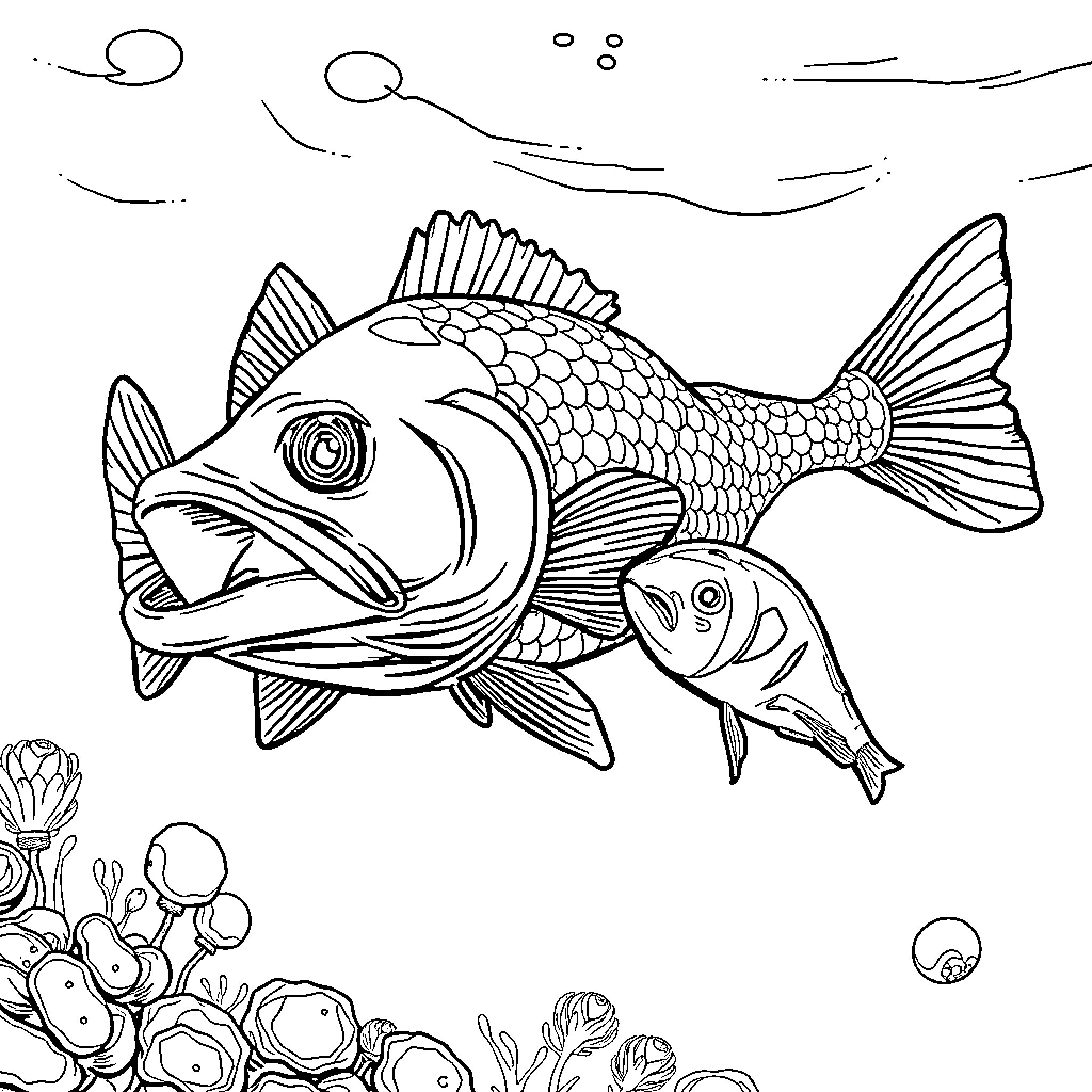 Zander's Underwater Adventure Coloring Page (free black-and-white line drawing printable PDF for all, from beginners to advanced learners, including children, teens, adults, and seniors)