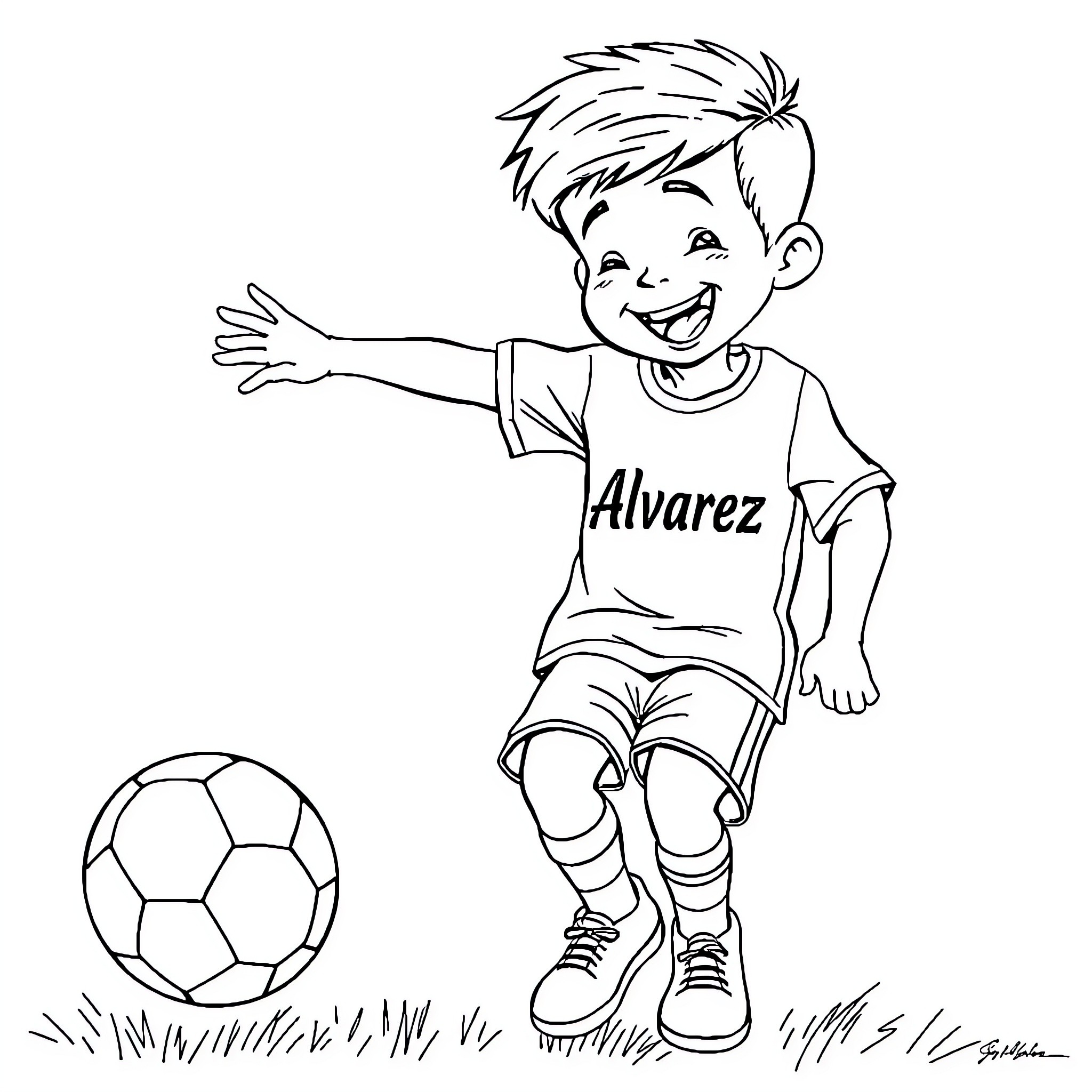 Boy happily playing with soccer ball Coloring Page (free black-and-white line drawing printable PDF for all, from beginners to advanced learners, including children, teens, adults, and seniors)