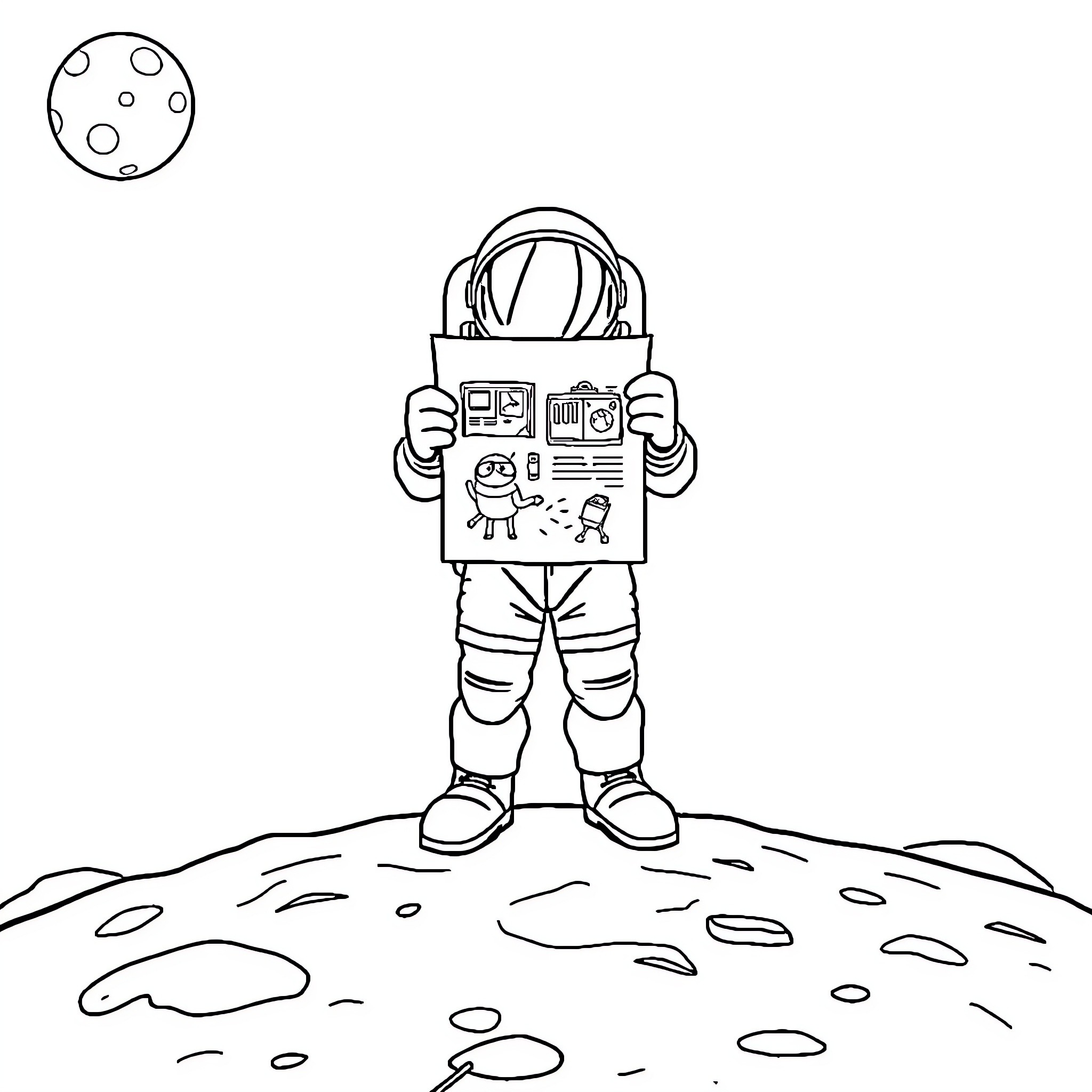 Astronaut exploring lunar surface with discovery Coloring Page (free black-and-white line drawing printable PDF for all, from beginners to advanced learners, including children, teens, adults, and seniors)