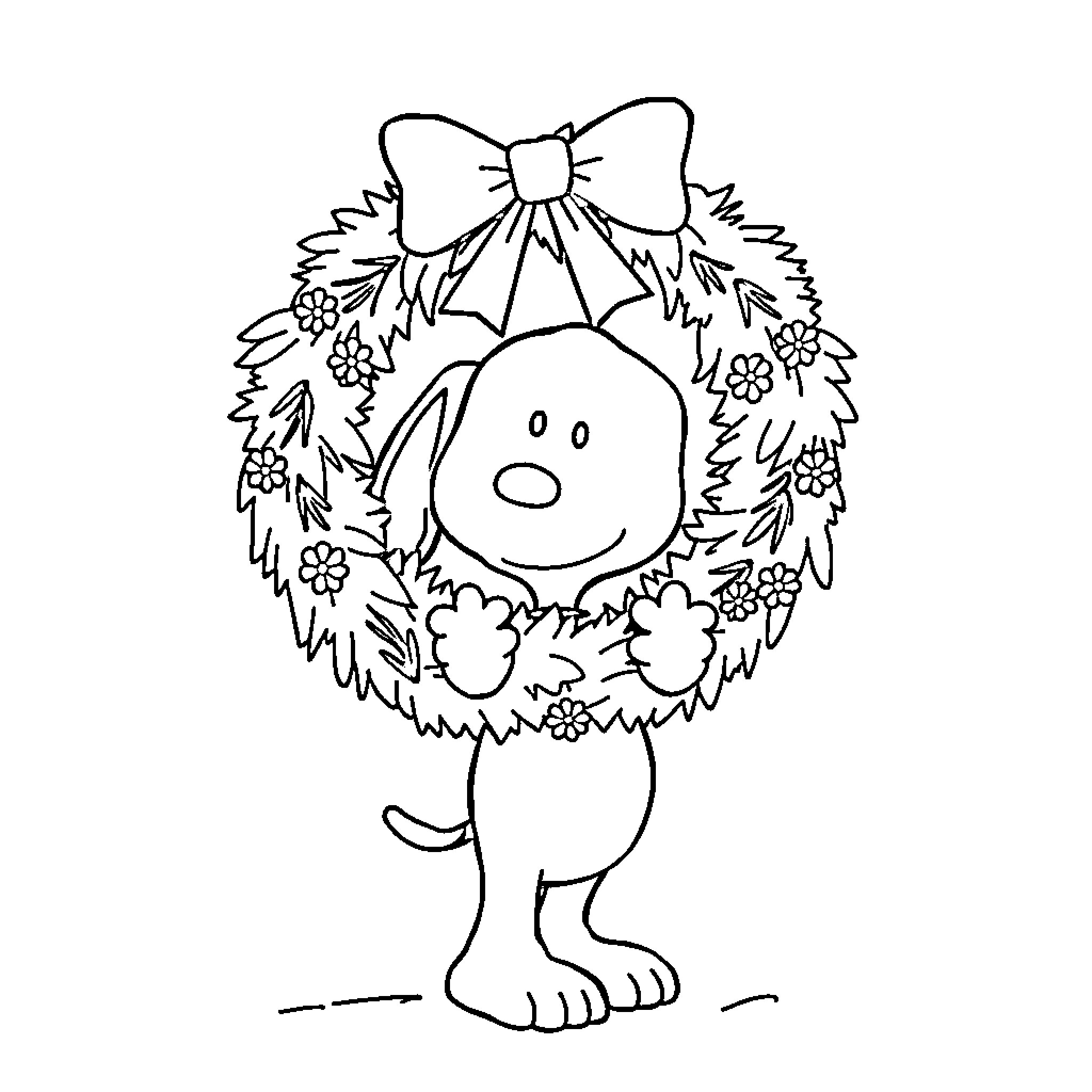 Snoopy with a Festive Wreath Coloring Page (free black-and-white line drawing printable PDF for all, from beginners to advanced learners, including children, teens, adults, and seniors)