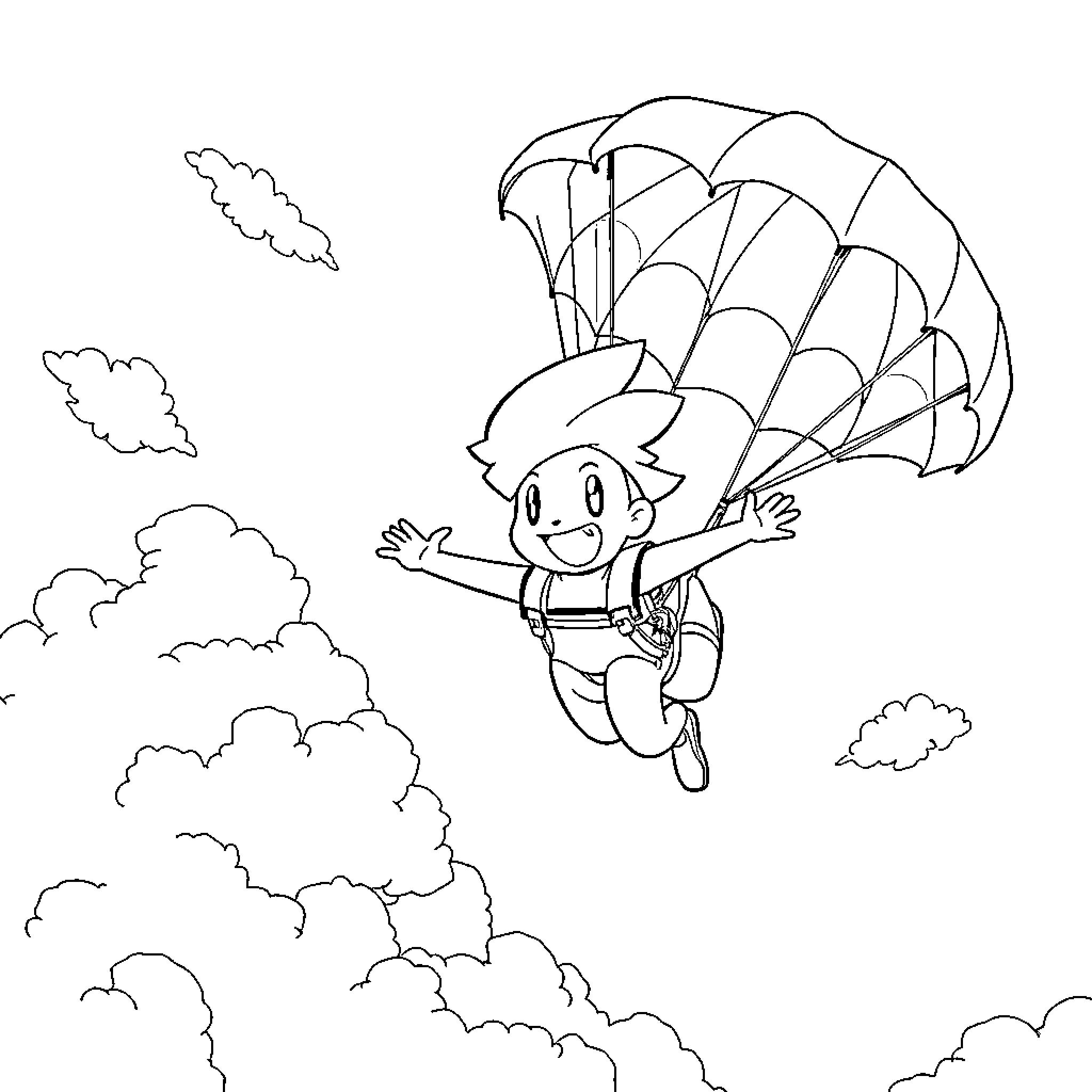 Ash floating with parachute in the sky Coloring Page (free black-and-white line drawing printable PDF for all, from beginners to advanced learners, including children, teens, adults, and seniors)