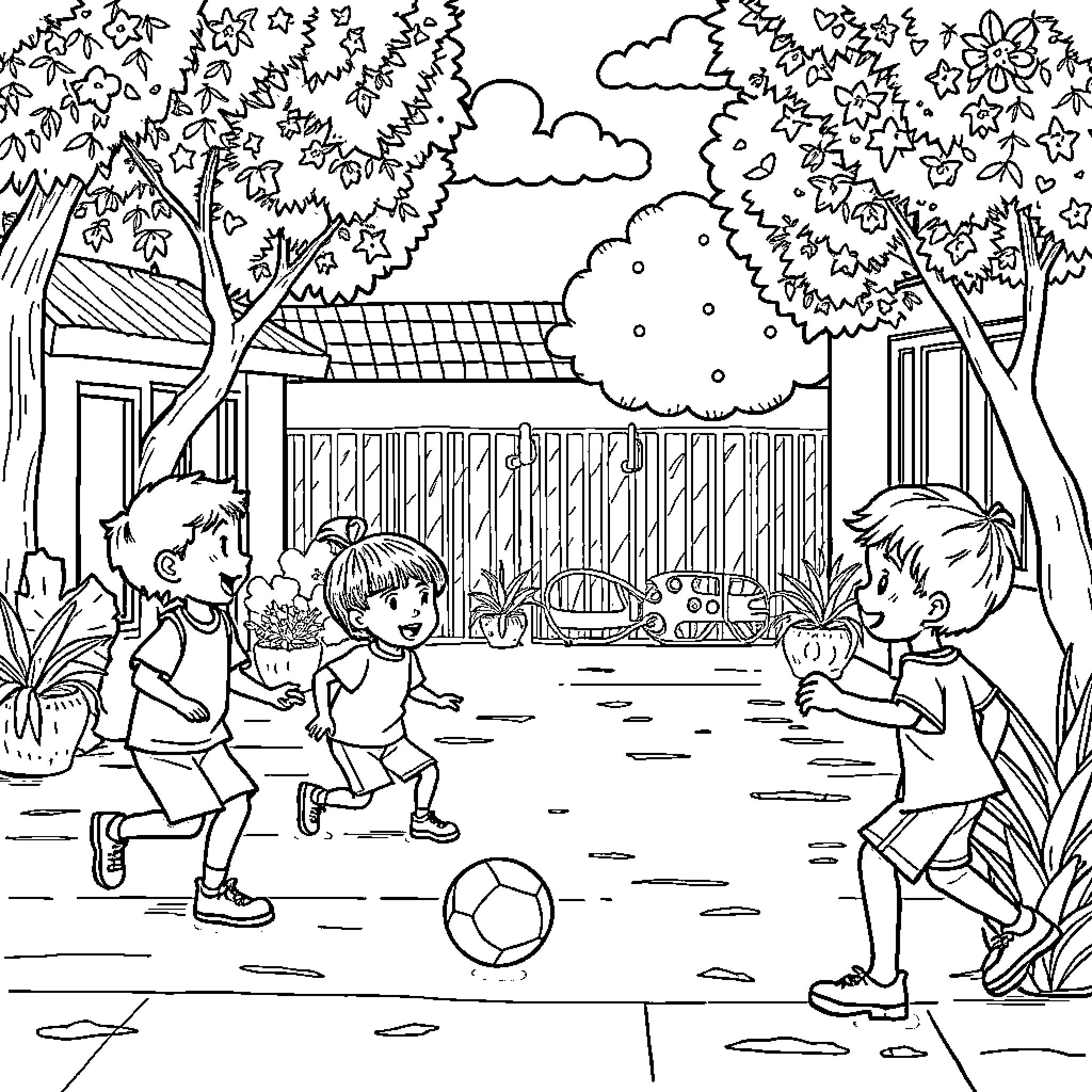 Deporte: Children playing soccer in backyard Coloring Page (free black-and-white line drawing printable PDF for all, from beginners to advanced learners, including children, teens, adults, and seniors)