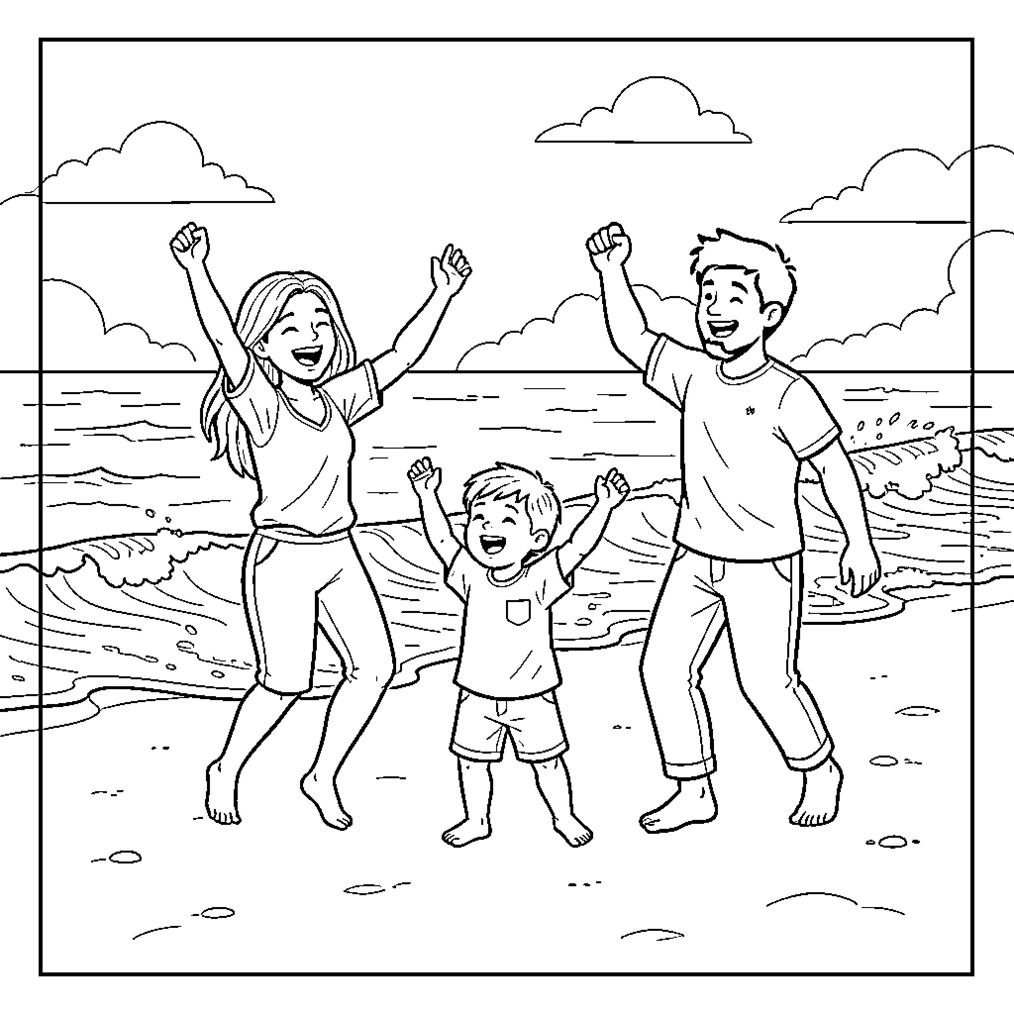 Family celebrating joyfully on a sunny beach Coloring Page (free black-and-white line drawing printable PDF for all, from beginners to advanced learners, including children, teens, adults, and seniors)