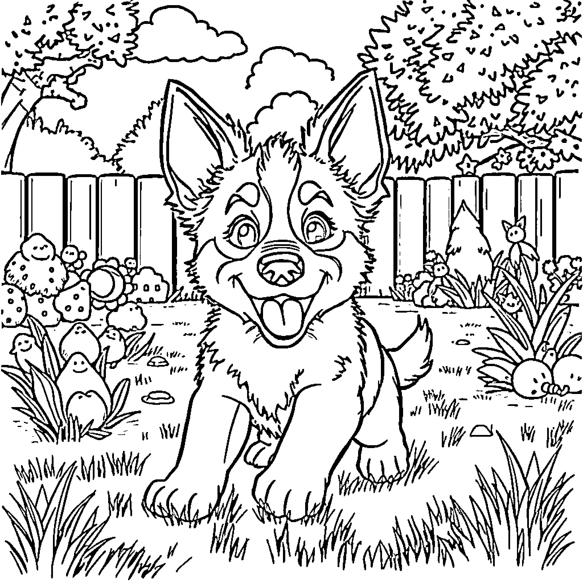 Bluey exploring the outdoor garden with animals Coloring Page (free black-and-white line drawing printable PDF for all, from beginners to advanced learners, including children, teens, adults, and seniors)