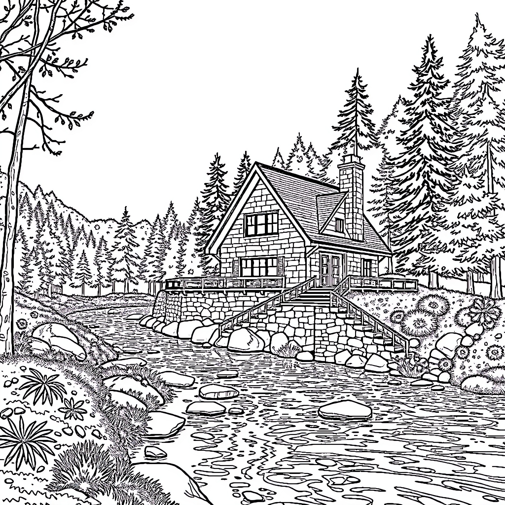 House by the Serene Forest Stream Coloring Page (free black-and-white line drawing printable PDF for all, from beginners to advanced learners, including children, teens, adults, and seniors)