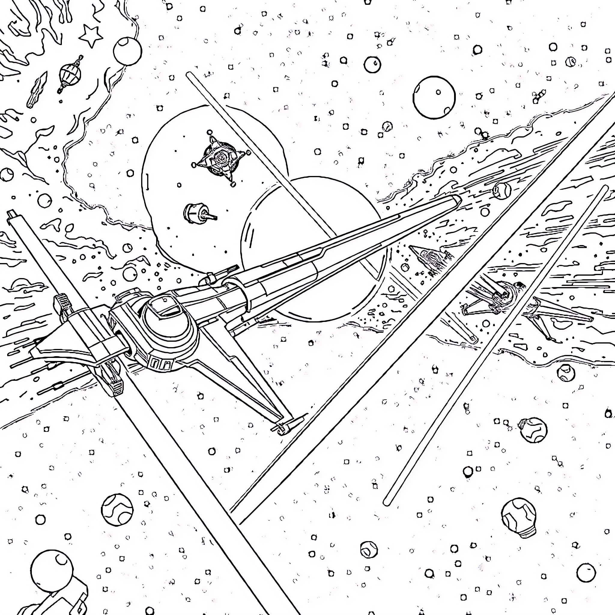 Star Wars: Intergalactic Spacecraft Battle in the Cosmos Coloring Page (free black-and-white line drawing printable PDF for all, from beginners to advanced learners, including children, teens, adults, and seniors)
