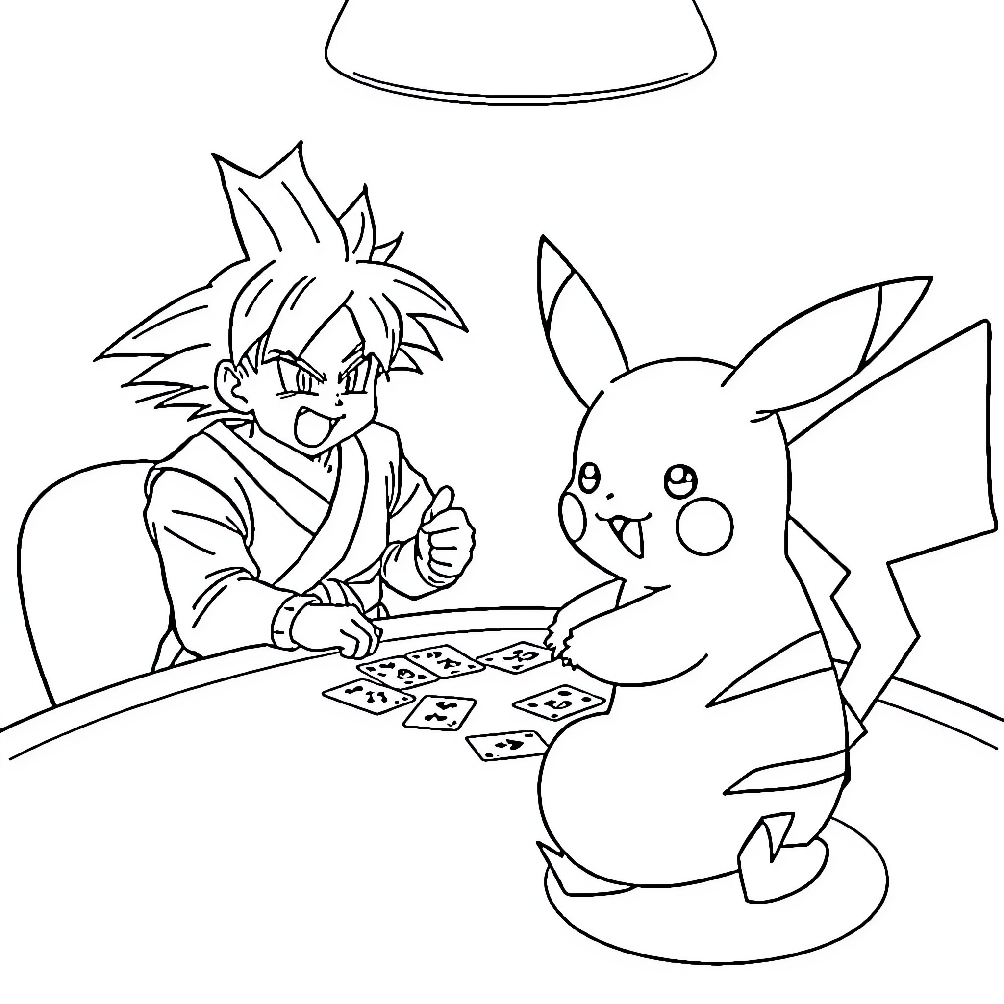 Pikachu and trainer playing cards together Coloring Page (free black-and-white line drawing printable PDF for all, from beginners to advanced learners, including children, teens, adults, and seniors)