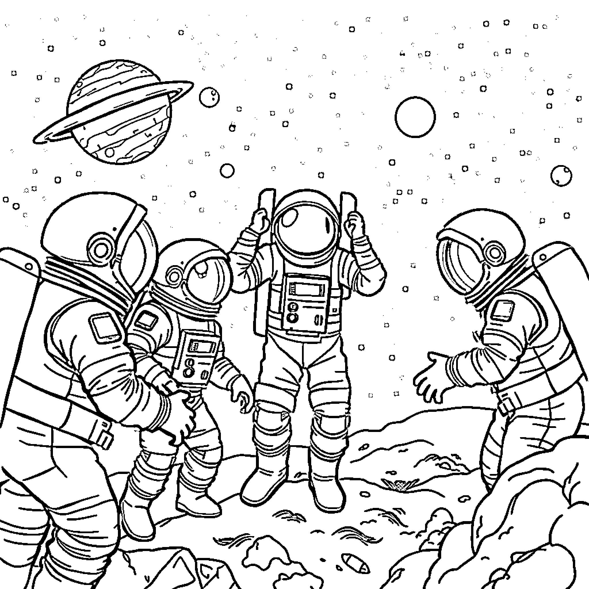 Among Us Astronauts Exploring Alien Planet Coloring Page (free black-and-white line drawing printable PDF for all, from beginners to advanced learners, including children, teens, adults, and seniors)