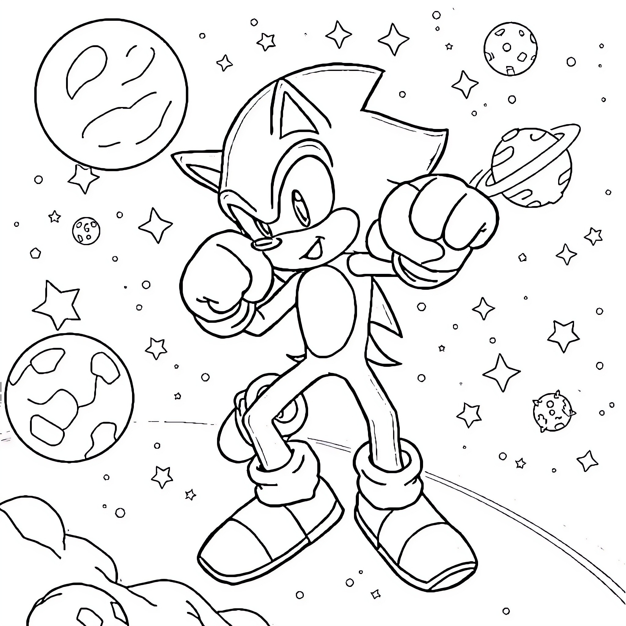 Sonic running through the cosmic space Coloring Page (free black-and-white line drawing printable PDF for all, from beginners to advanced learners, including children, teens, adults, and seniors)