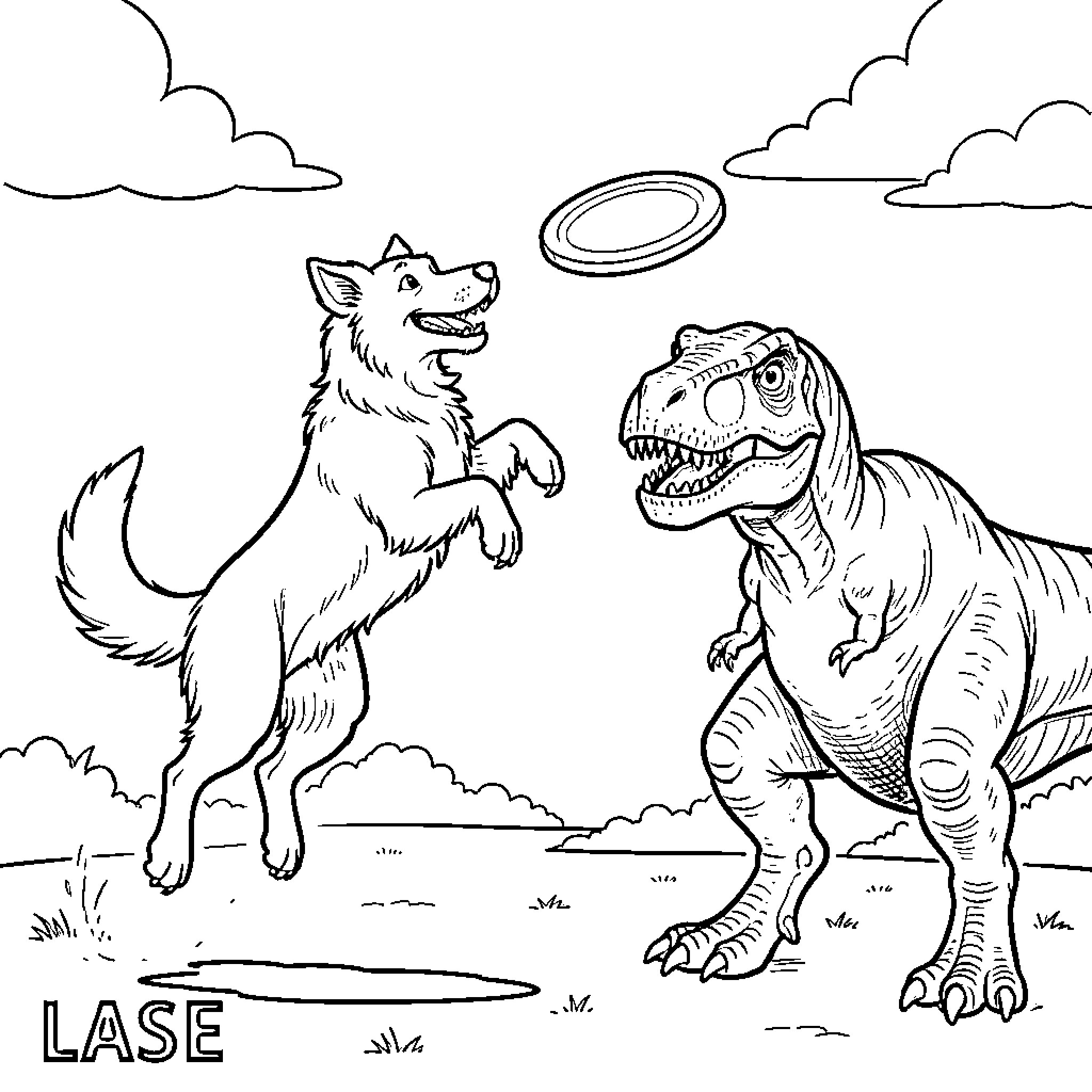 Lassie jumping up to catch a flying frisbee Coloring Page (free black-and-white line drawing printable PDF for all, from beginners to advanced learners, including children, teens, adults, and seniors)