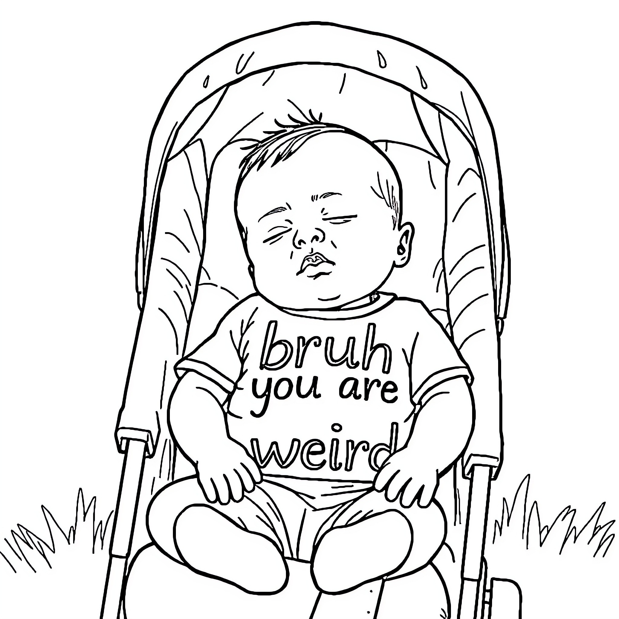 Baby expressing playful annoyance in stroller Coloring Page (free black-and-white line drawing printable PDF for all, from beginners to advanced learners, including children, teens, adults, and seniors)