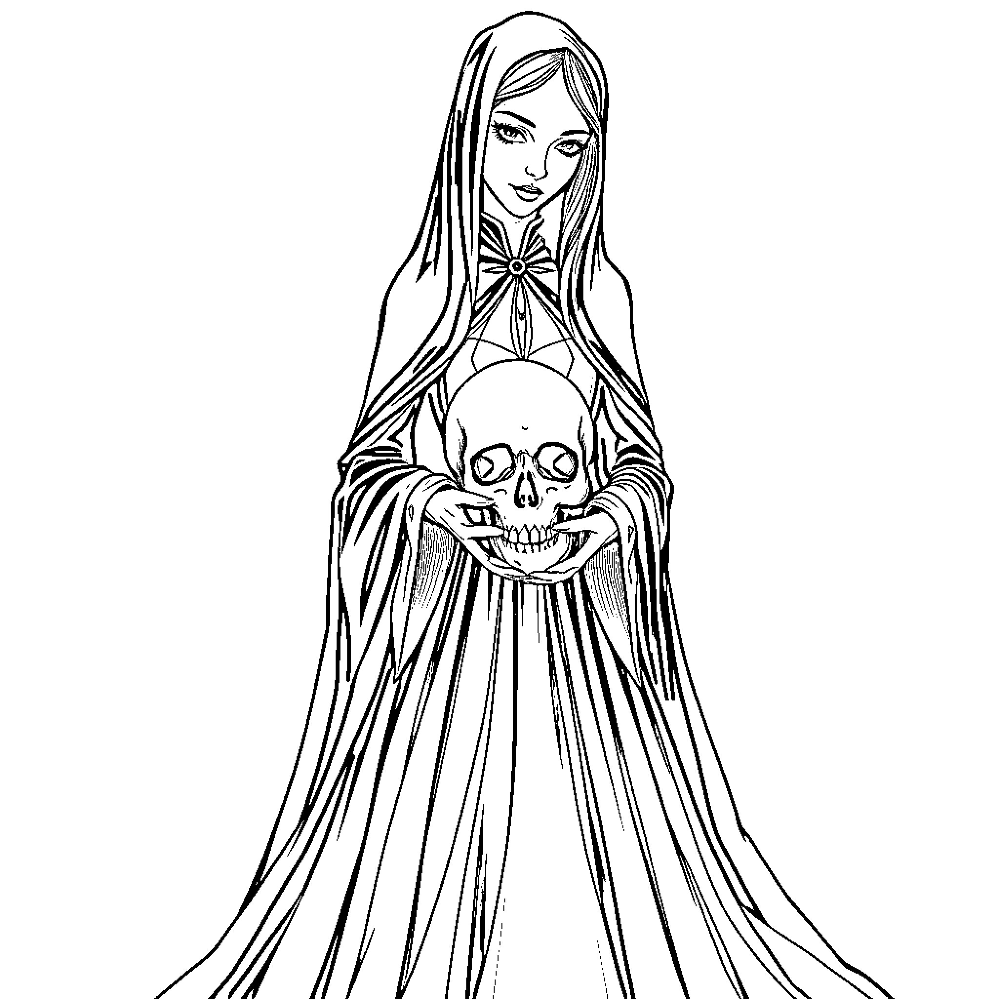 Lady with Skull Emblem Holding Dress Coloring Page (free black-and-white line drawing printable PDF for all, from beginners to advanced learners, including children, teens, adults, and seniors)