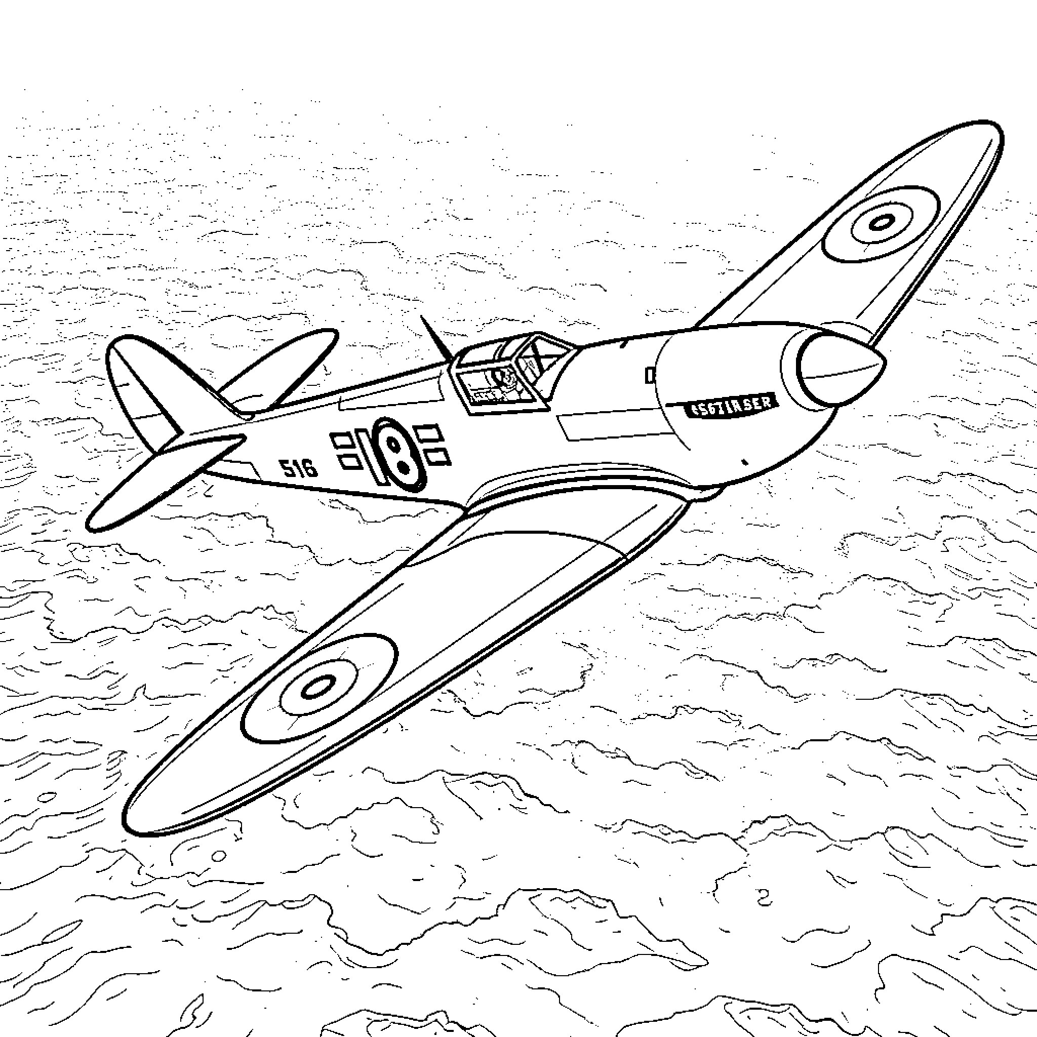 Spitfire aircraft in flight over cloudy skies Coloring Page (free black-and-white line drawing printable PDF for all, from beginners to advanced learners, including children, teens, adults, and seniors)