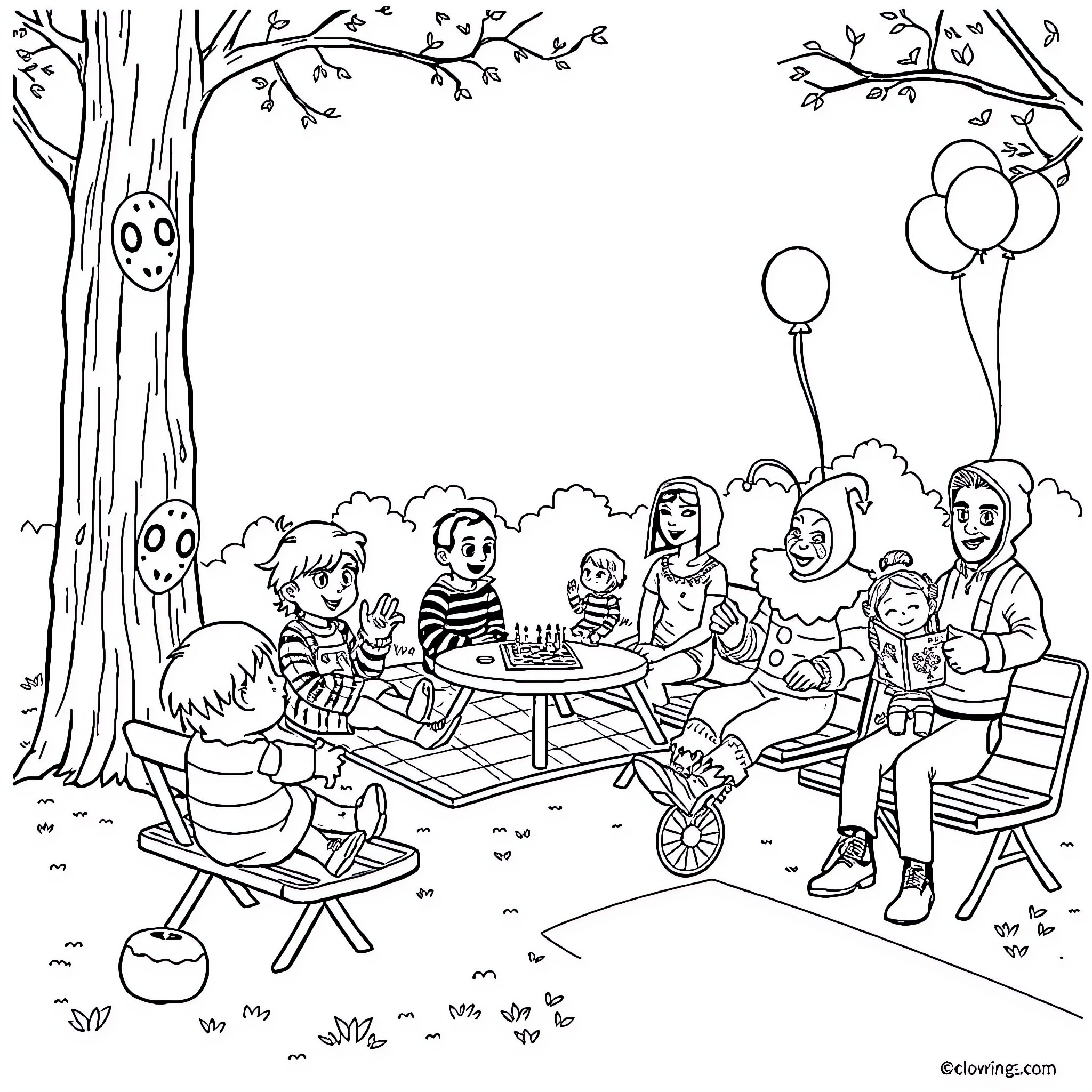 Horror Character Family Picnic in the Park Coloring Page (free black-and-white line drawing printable PDF for all, from beginners to advanced learners, including children, teens, adults, and seniors)