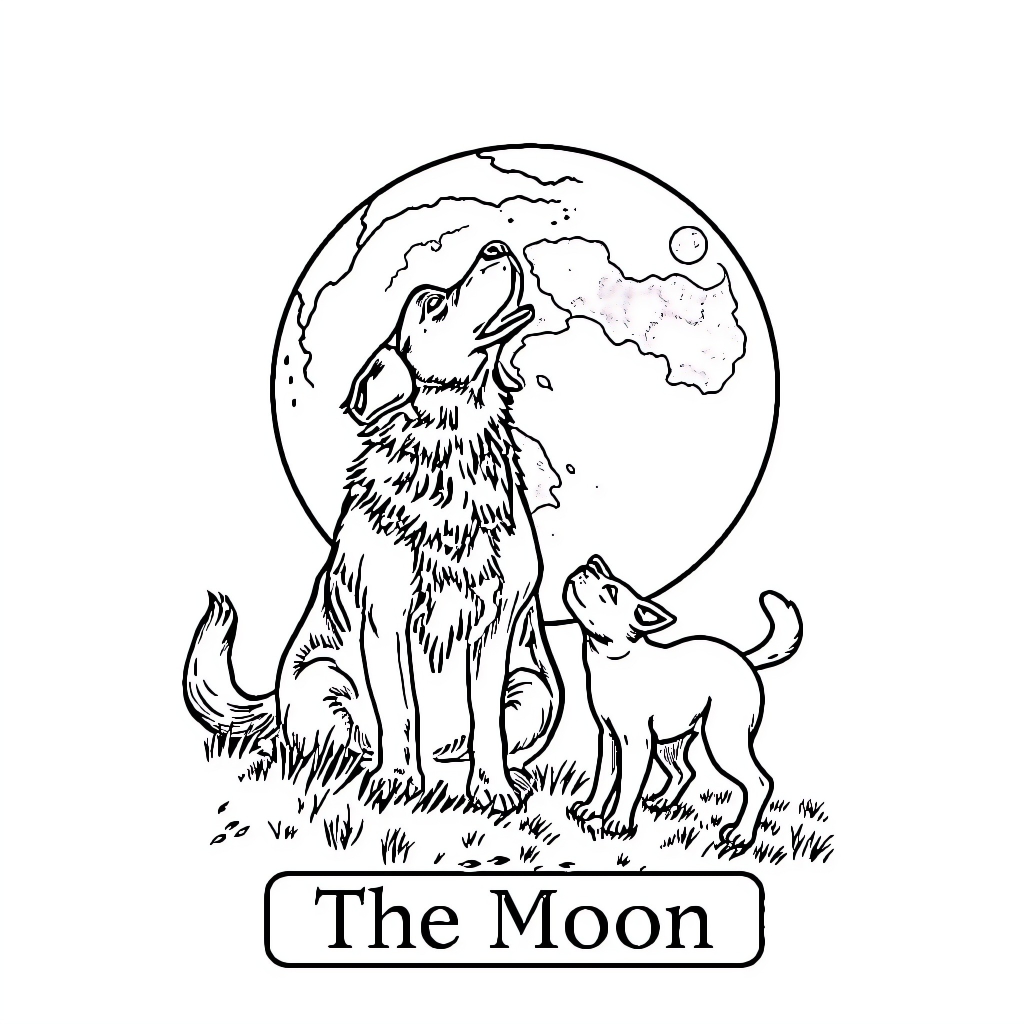 Moon Howling Wolves in the Night Coloring Page (free black-and-white line drawing printable PDF for all, from beginners to advanced learners, including children, teens, adults, and seniors)
