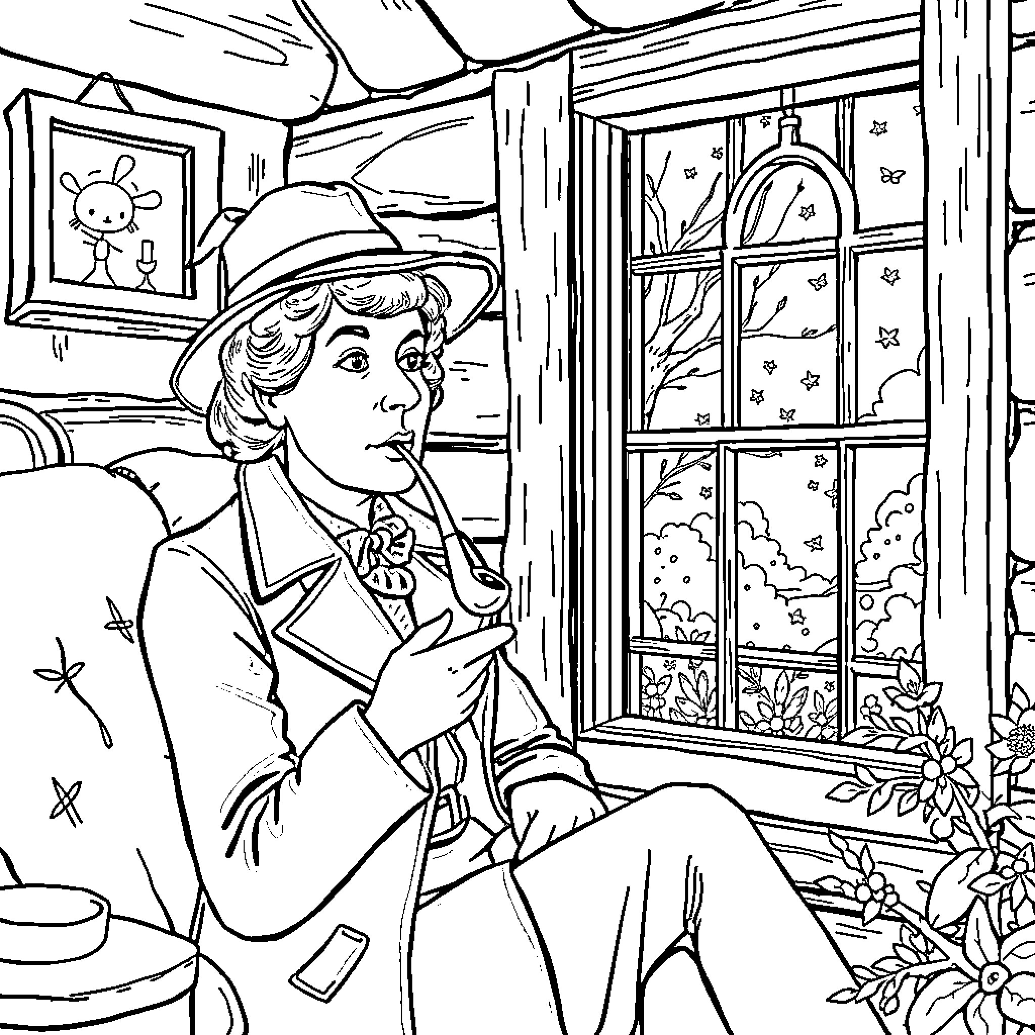 Detective ponders mystery by the window Coloring Page (free black-and-white line drawing printable PDF for all, from beginners to advanced learners, including children, teens, adults, and seniors)