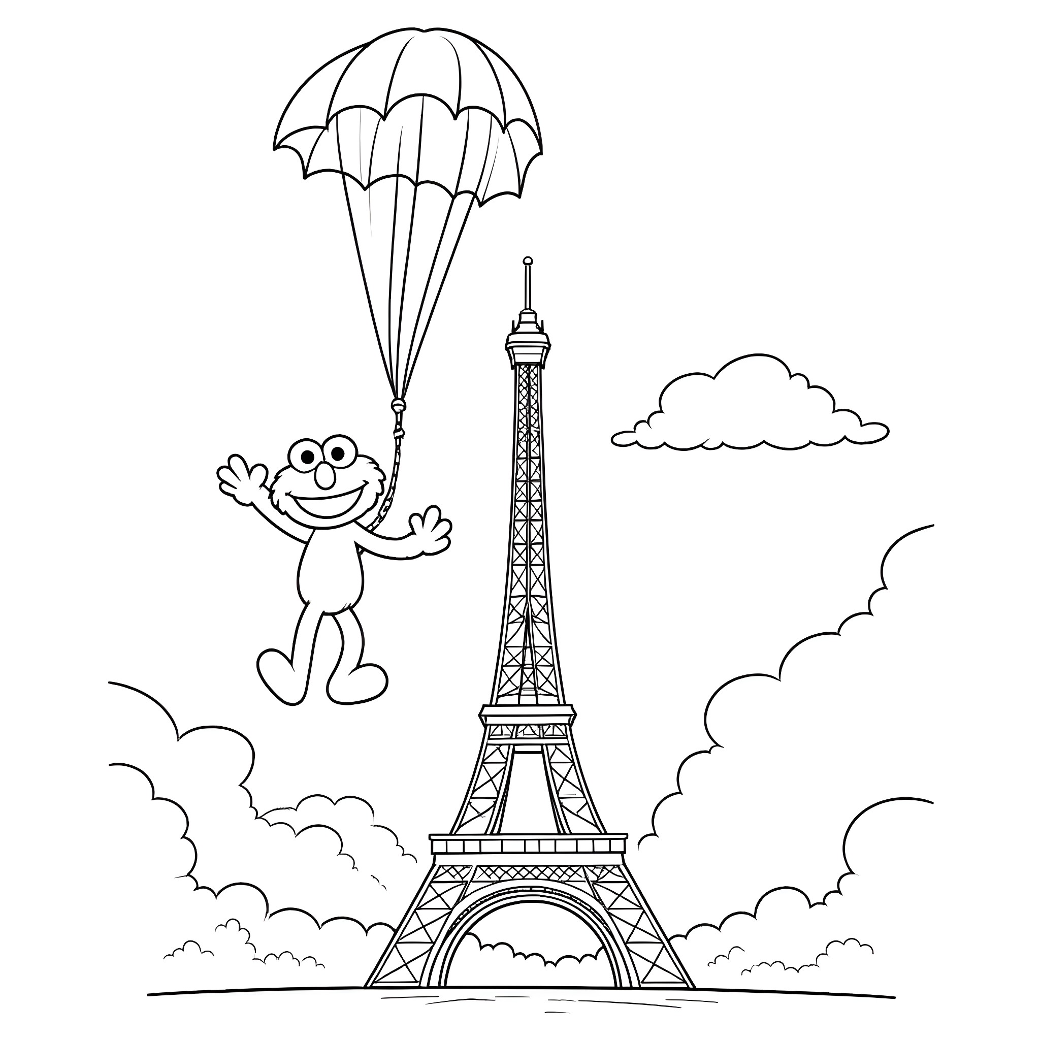 Elmo parachuting near the Eiffel Tower Coloring Page (free black-and-white line drawing printable PDF for all, from beginners to advanced learners, including children, teens, adults, and seniors)