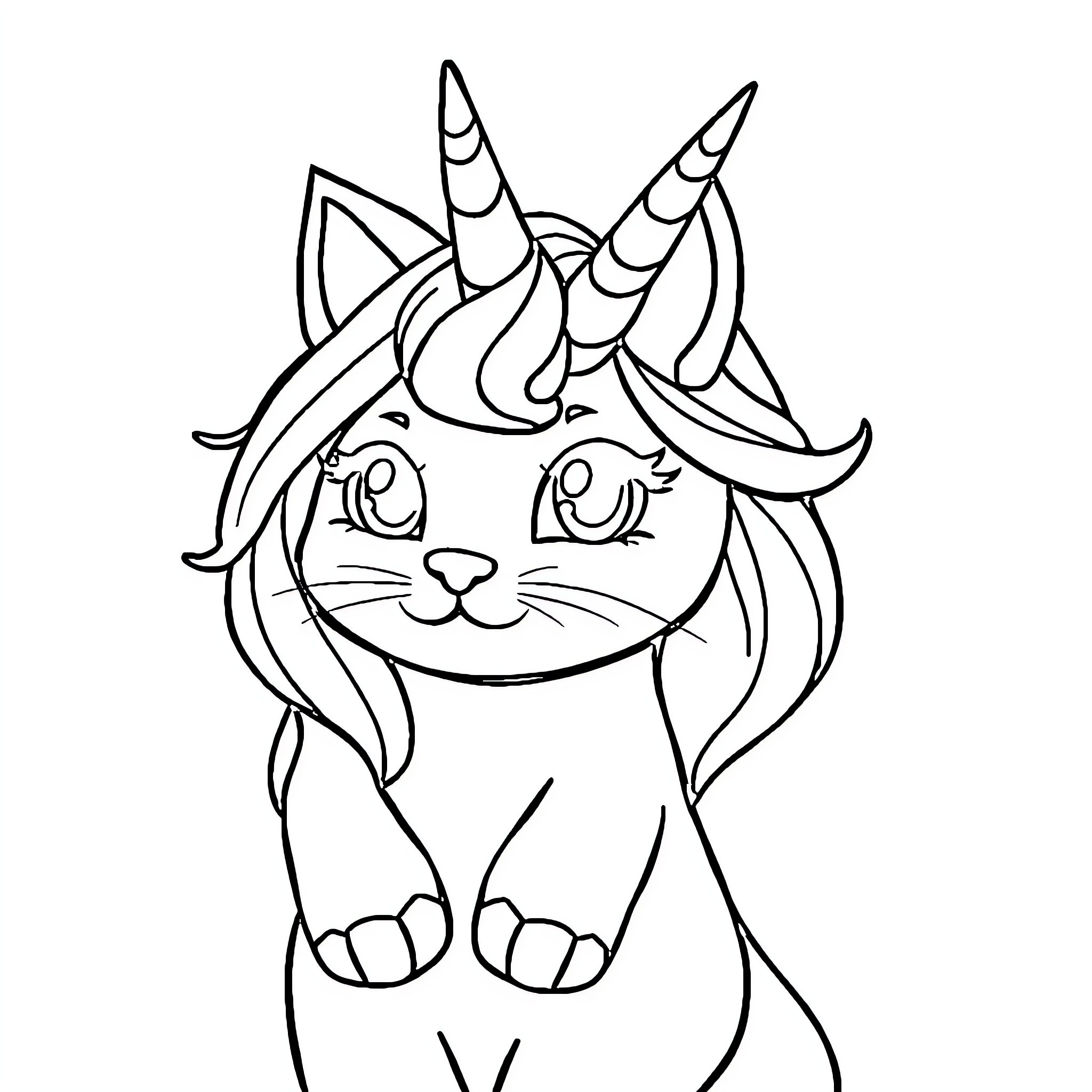 Unicorn Cat with Playful Expression Coloring Page (free black-and-white line drawing printable PDF for all, from beginners to advanced learners, including children, teens, adults, and seniors)