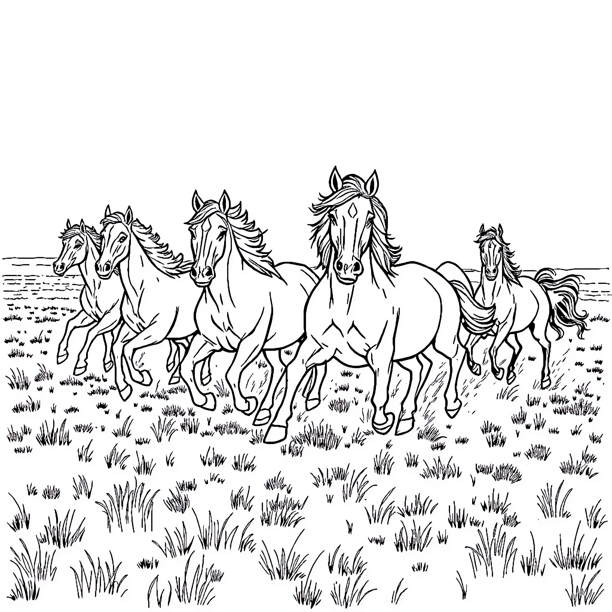 Horse Herd Running Freely on the Grassland Coloring Page (free black-and-white line drawing printable PDF for all, from beginners to advanced learners, including children, teens, adults, and seniors)