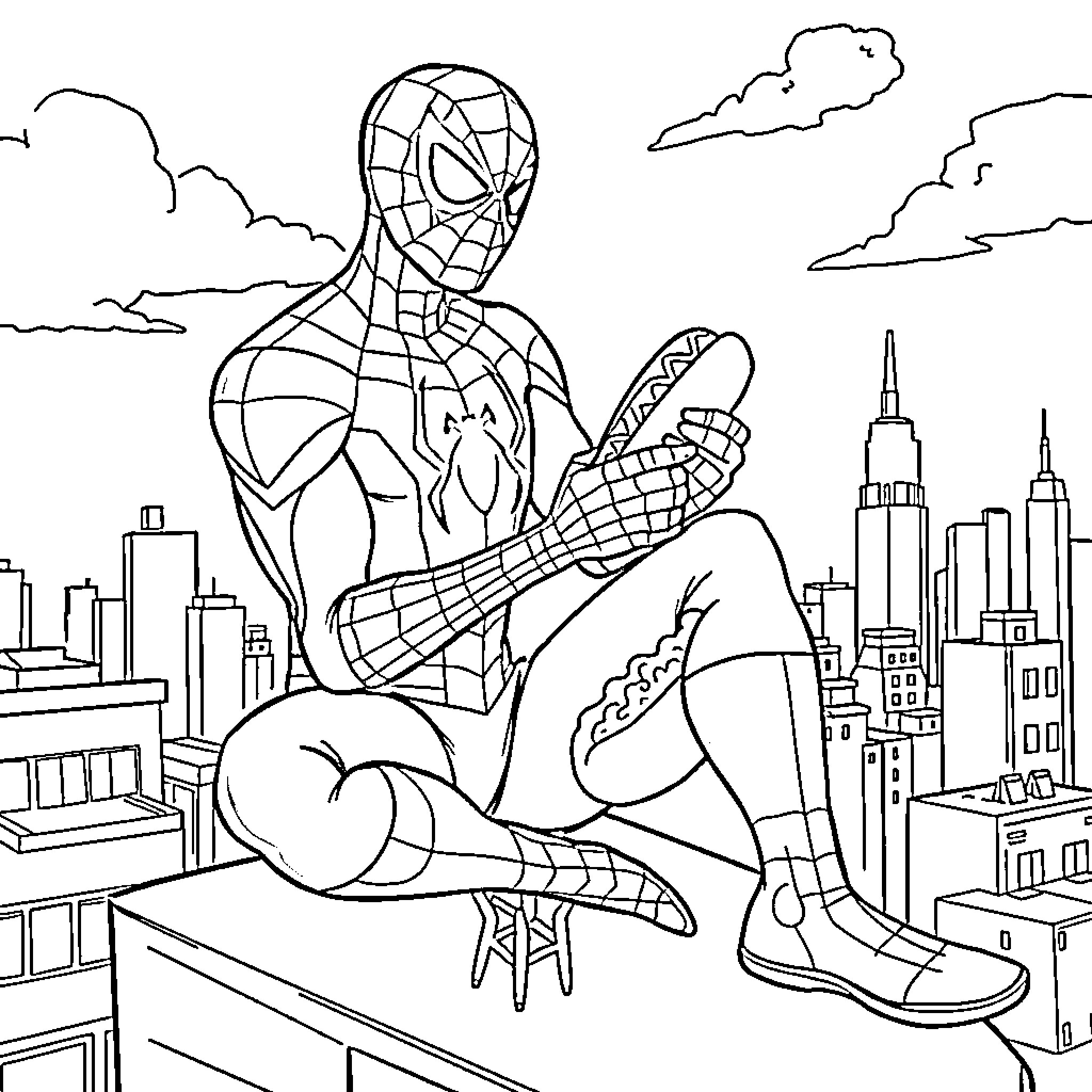 Spiderman swinging through the city skyline Coloring Page (free black-and-white line drawing printable PDF for all, from beginners to advanced learners, including children, teens, adults, and seniors)