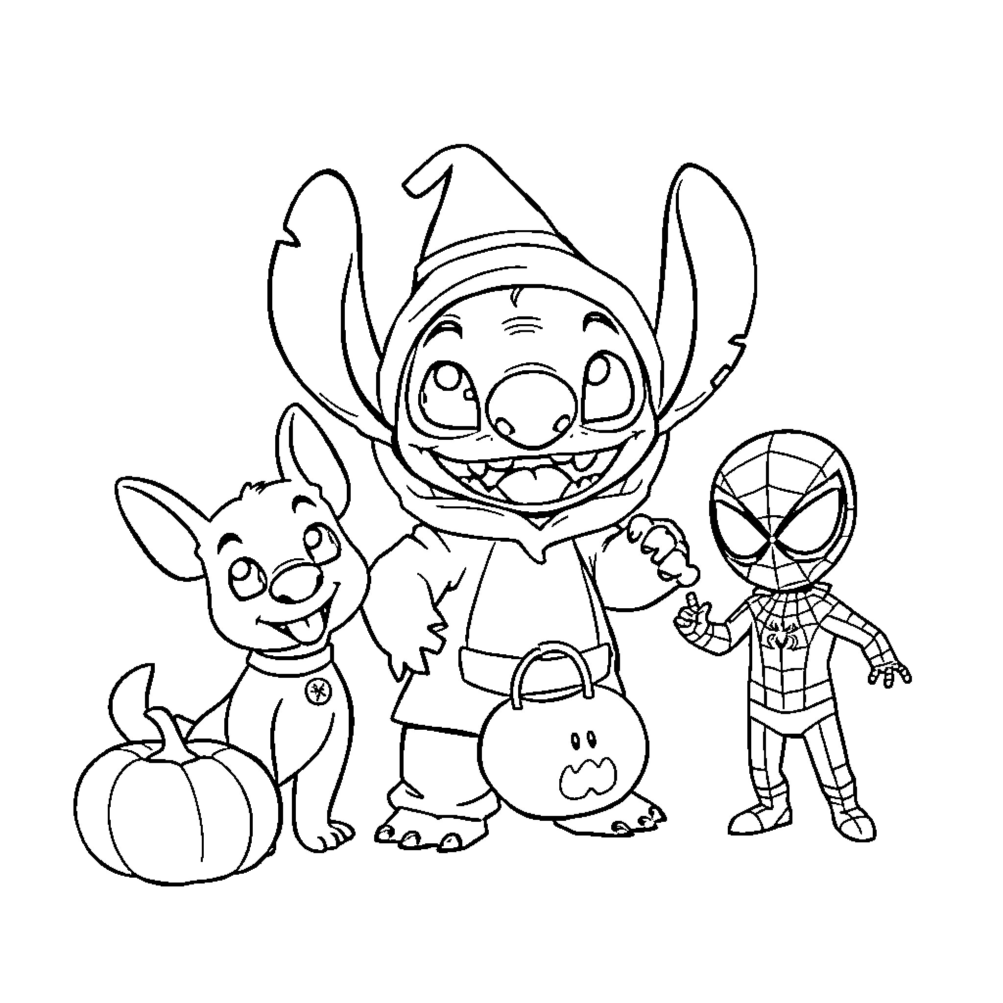Stitch and friends in Halloween costumes Coloring Page (free black-and-white line drawing printable PDF for all, from beginners to advanced learners, including children, teens, adults, and seniors)