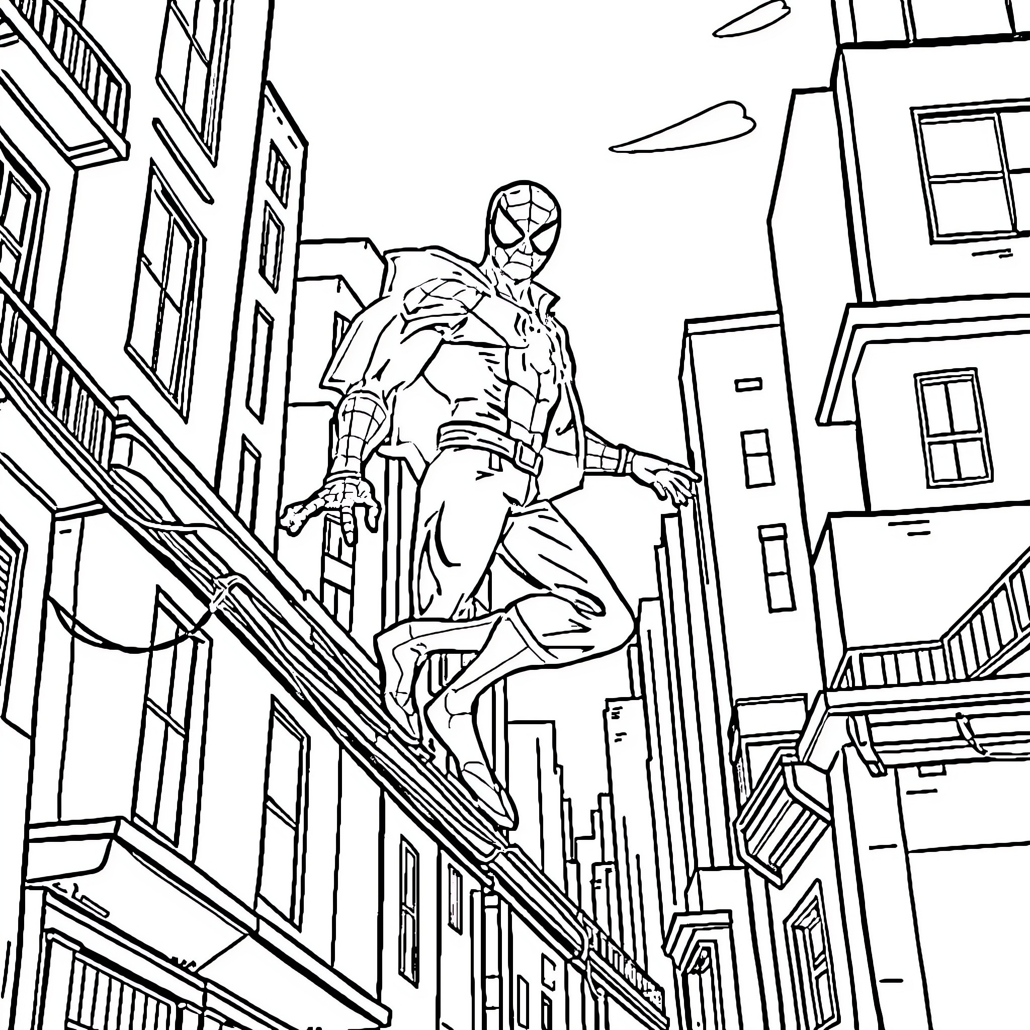 Spider-Man swinging through the city skyline Coloring Page (free black-and-white line drawing printable PDF for all, from beginners to advanced learners, including children, teens, adults, and seniors)