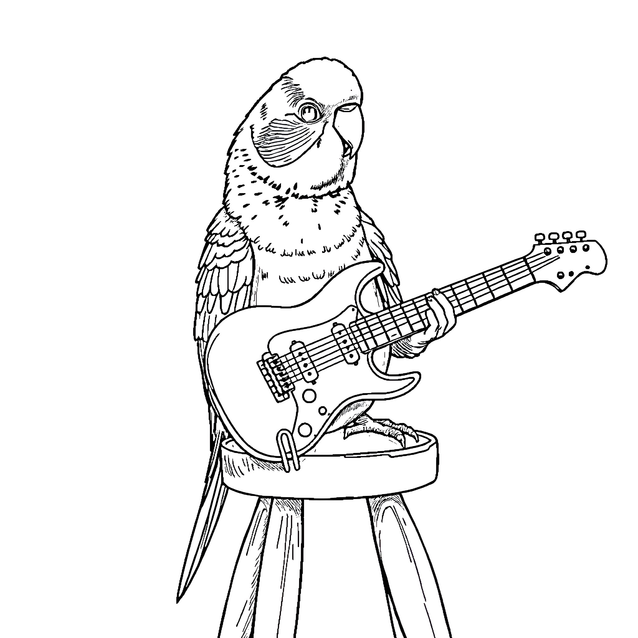 Budgie playing electric guitar on stage Coloring Page (free black-and-white line drawing printable PDF for all, from beginners to advanced learners, including children, teens, adults, and seniors)